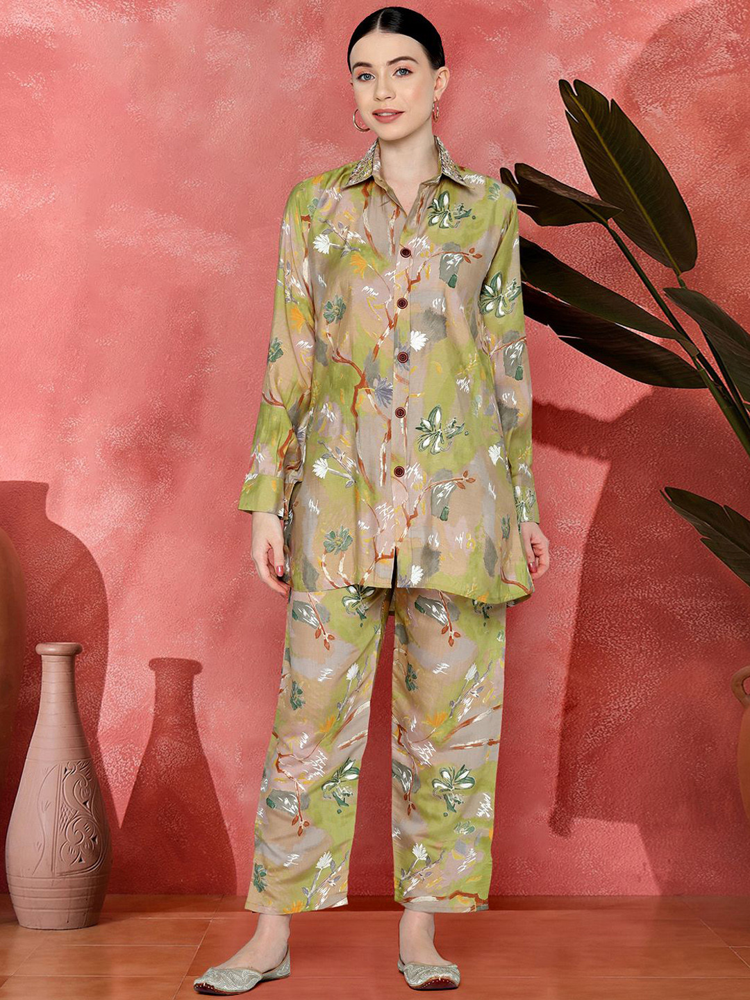 Sangria Digital Tropical Printed & Embroidered Tunic & Trousers Co-Ord Set
