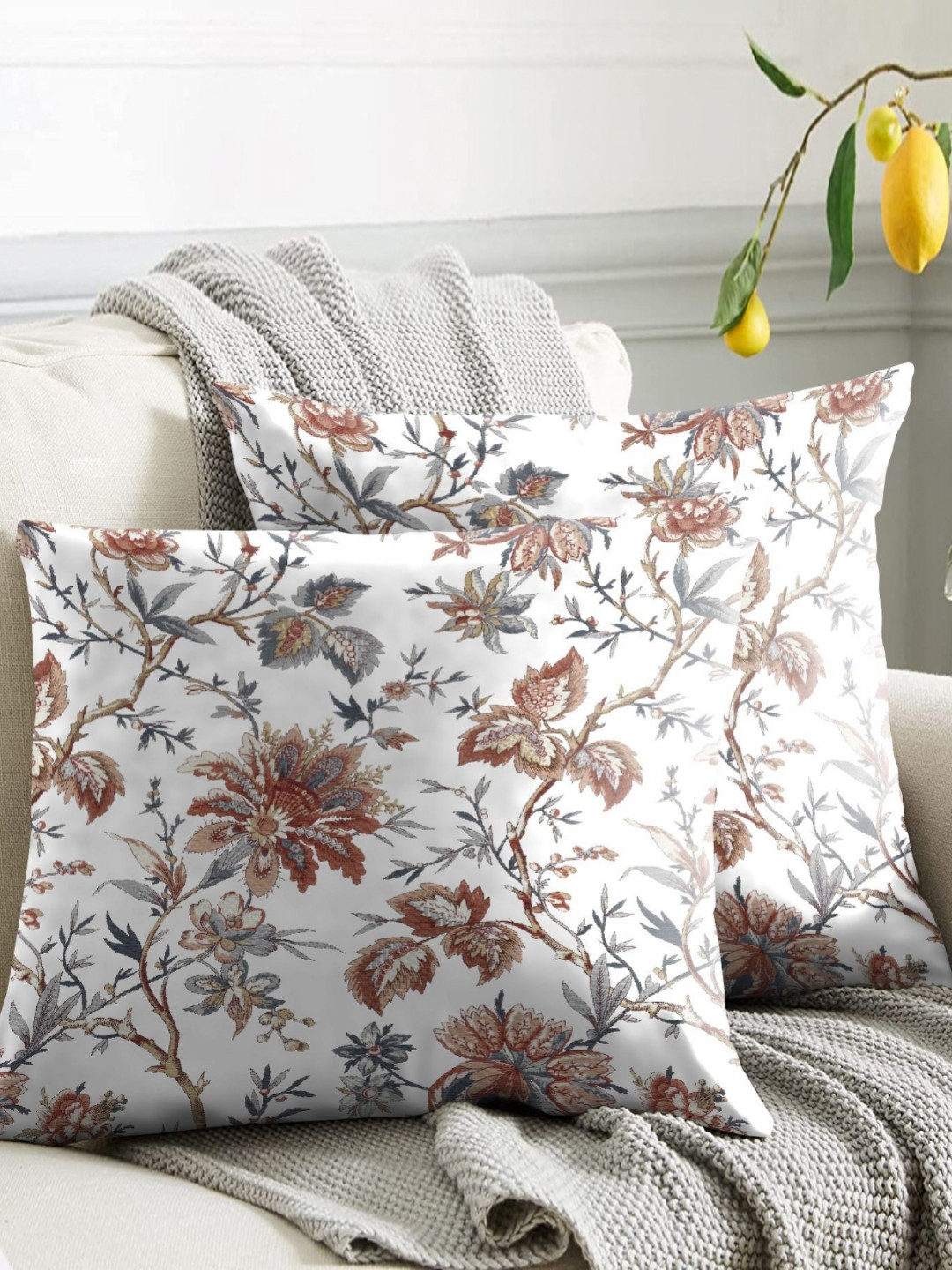 Aura Anadaman White Floral Polyester Anti-Wrinkle 2 Pcs Square Cushion Covers - 18x18In