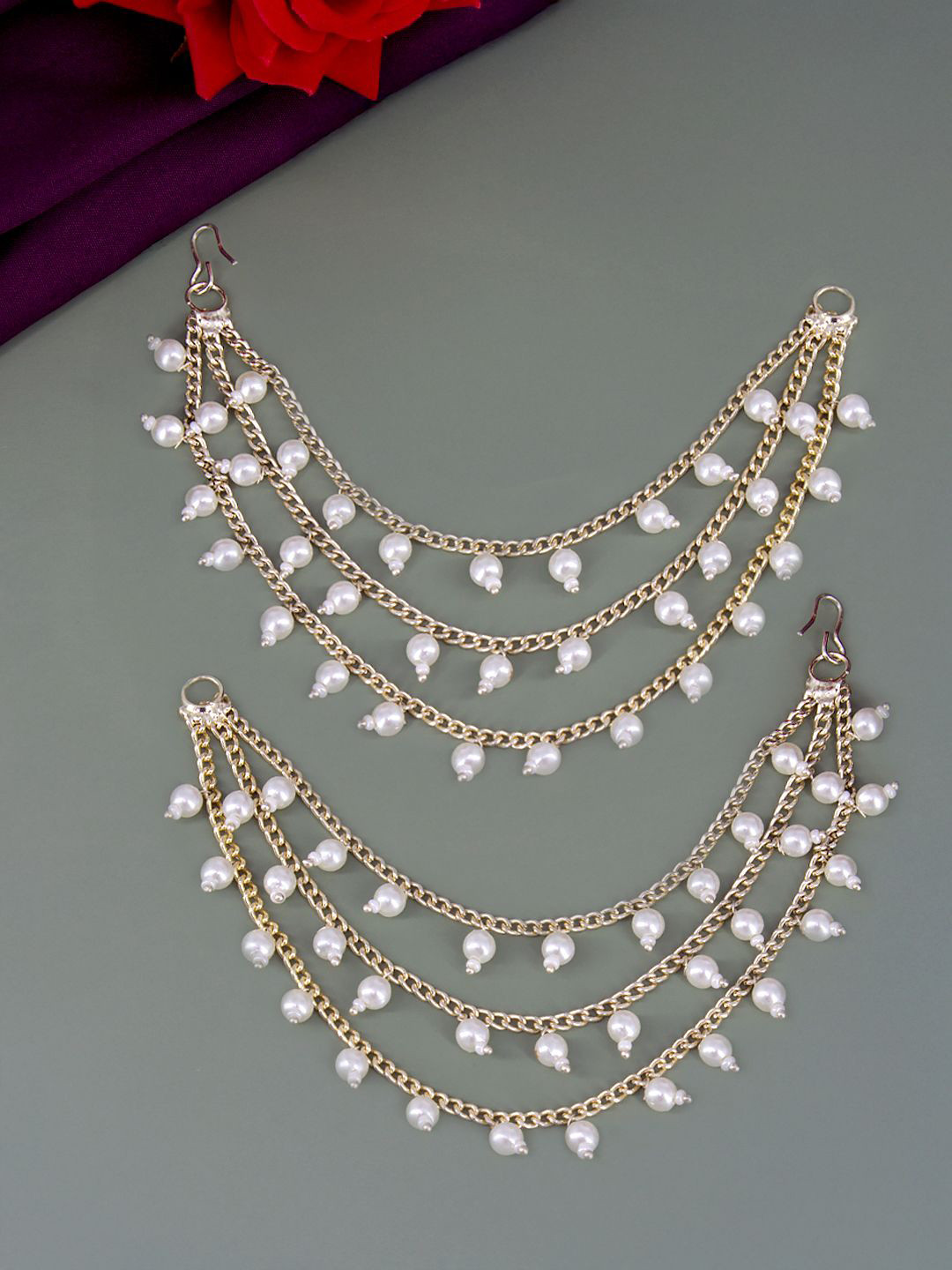 PRIVIU Gold-Plated 3-Layered Beads & Jhumki Spherical Shaped Drop Ear Cuff