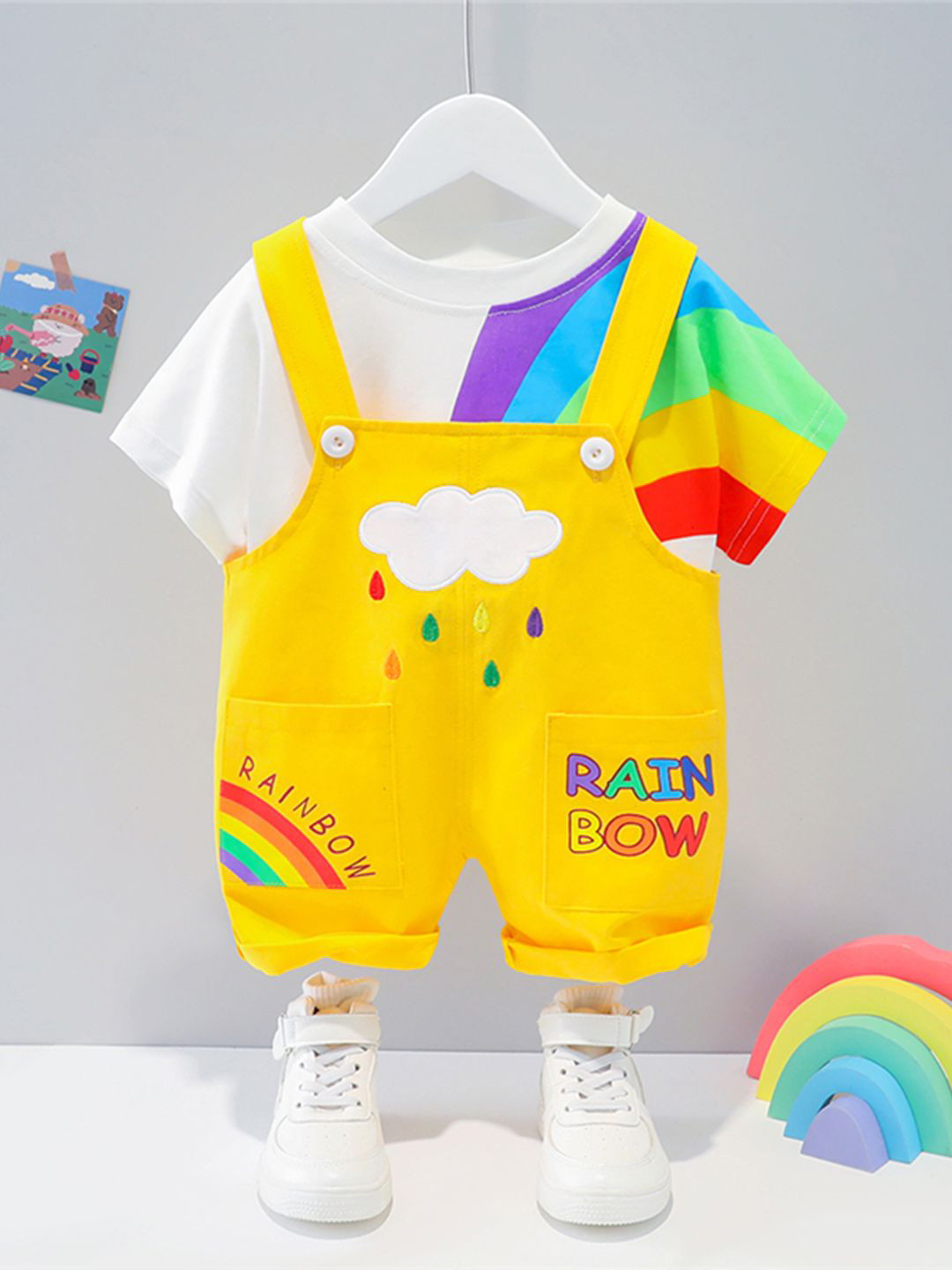 Bold N Elegant Infants Rainbow Printed Short Dungaree With T-Shirt