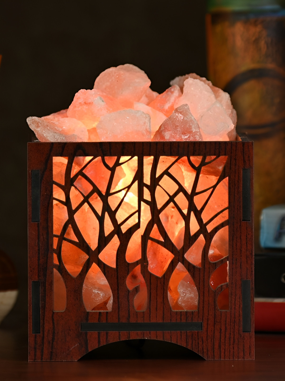 GLOBAL AROMA Brown Trees Textured Wooden Contemporary Square Shaped Table Lamp With Bulb