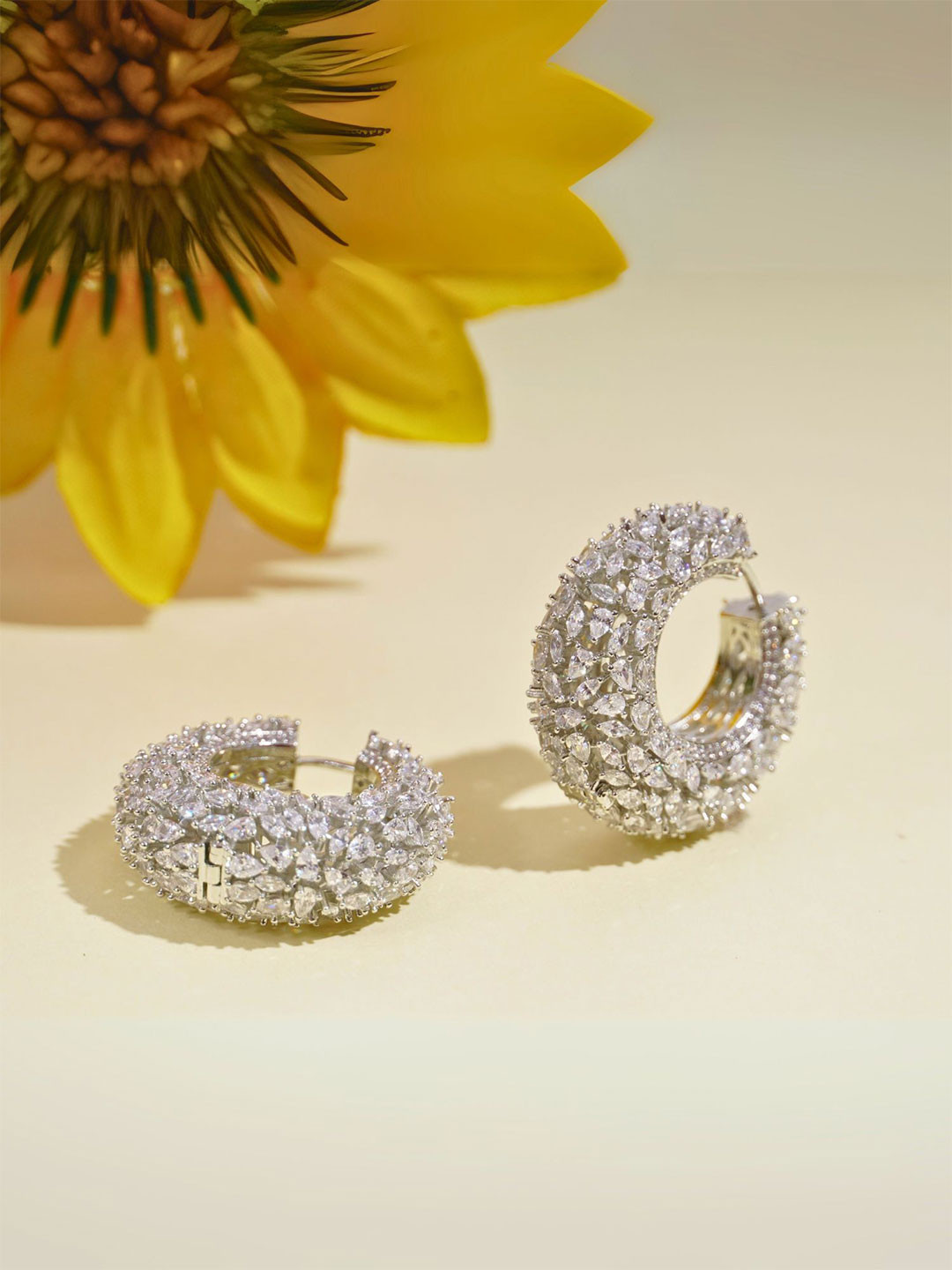 CURIO COTTAGE  Silver Plated Cubic Zirconia Studded Contemporary Hoop Earrings