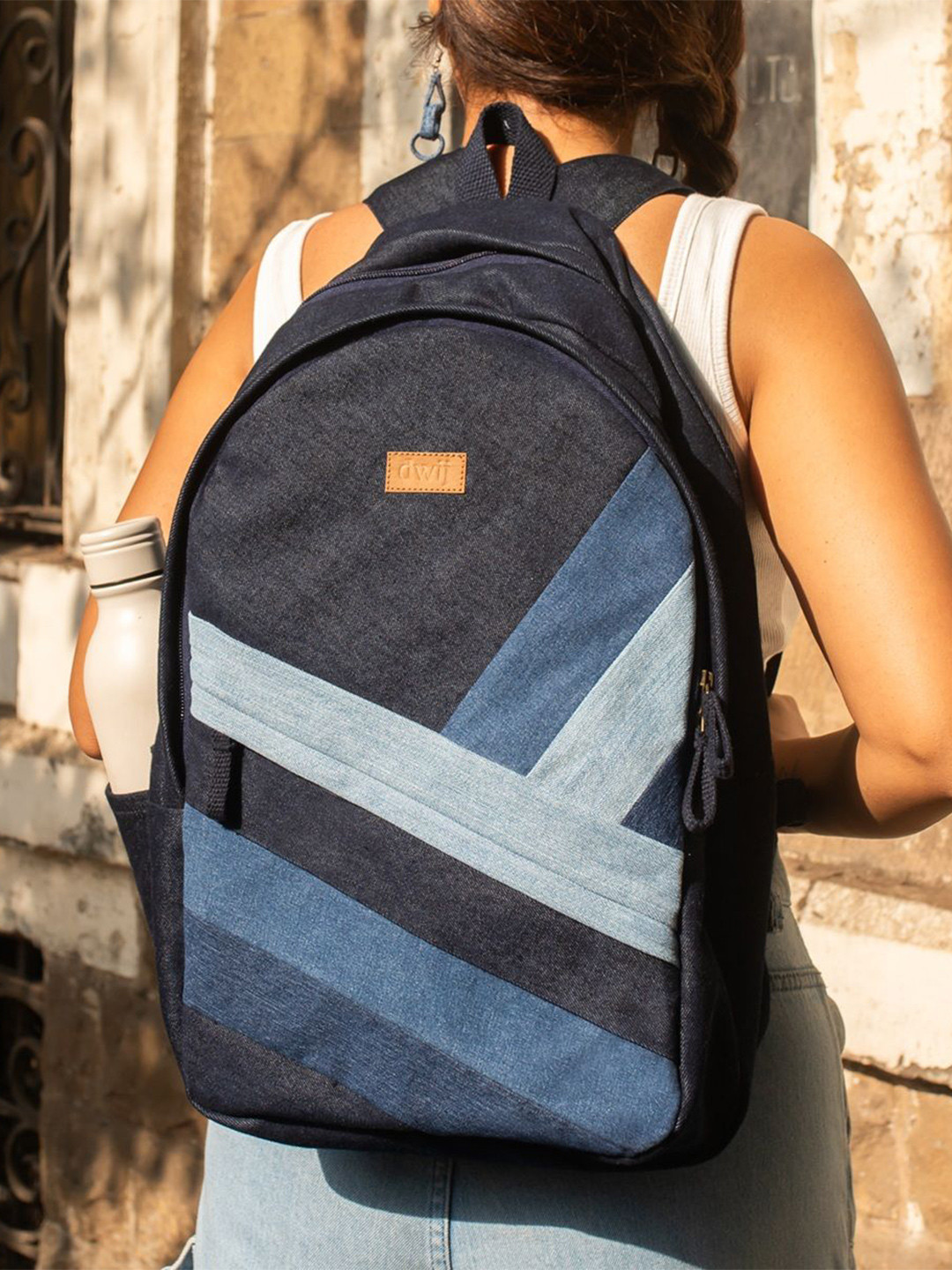 DWIJ Unisex Upcycled Diagonal Striped Denim Travel Backpack