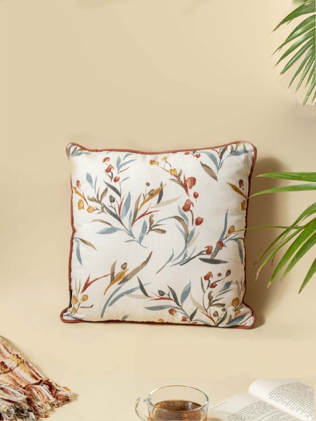 Weave Abode White Floral Cotton Breathable Square Cushion Cover -18x18In