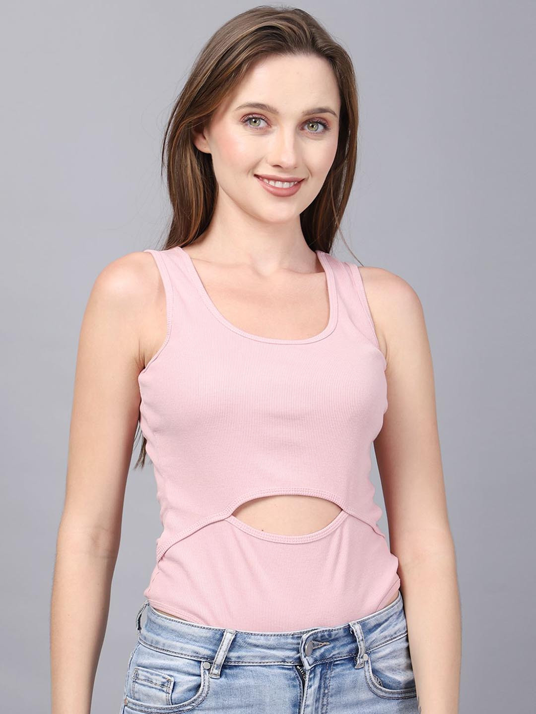 SWISHIN Round Neck Moon Cutout Bodysuit