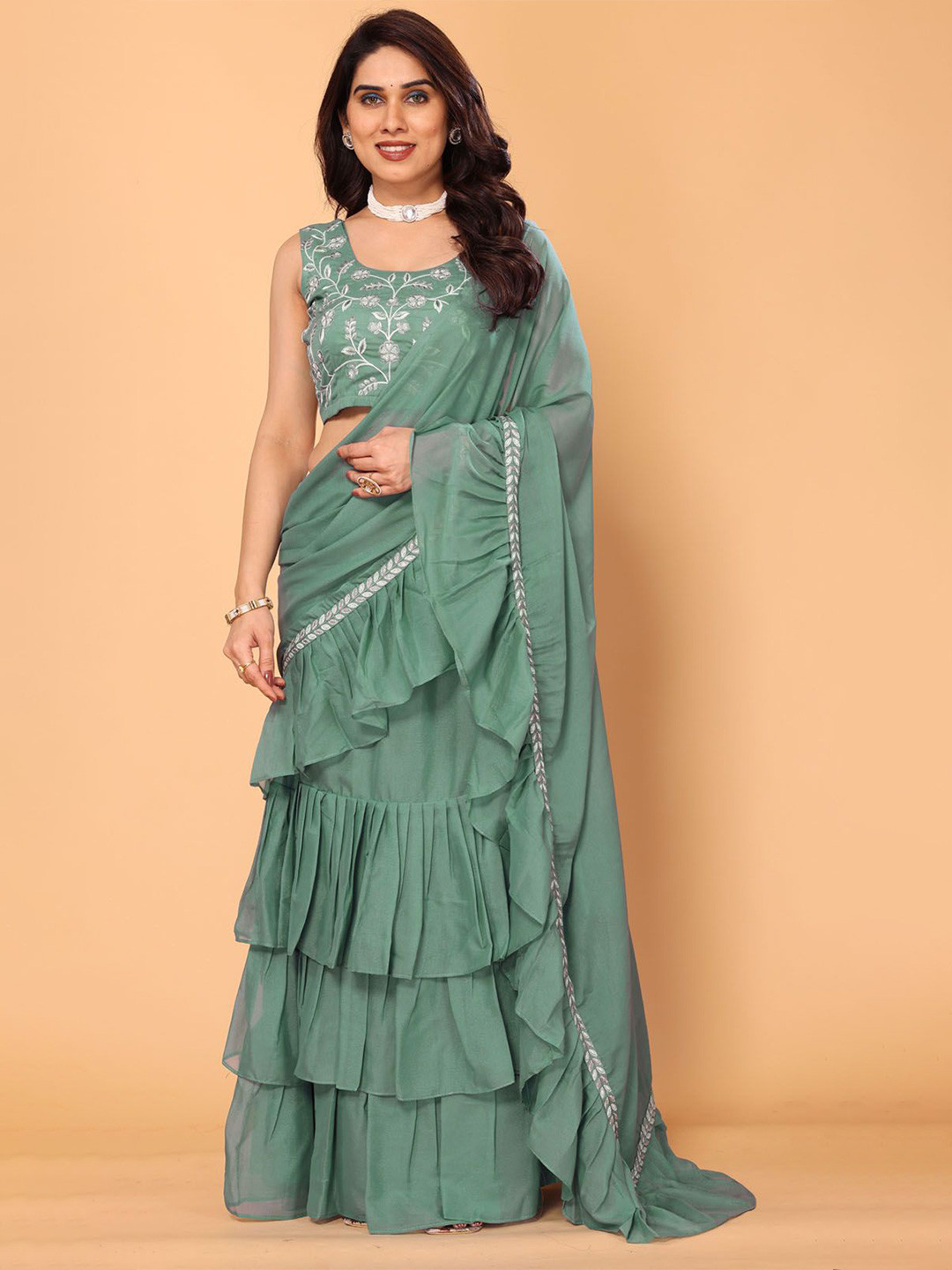 PATLANI STYLE Ruffle Design Pure Georgette  Ready To Wear Saree