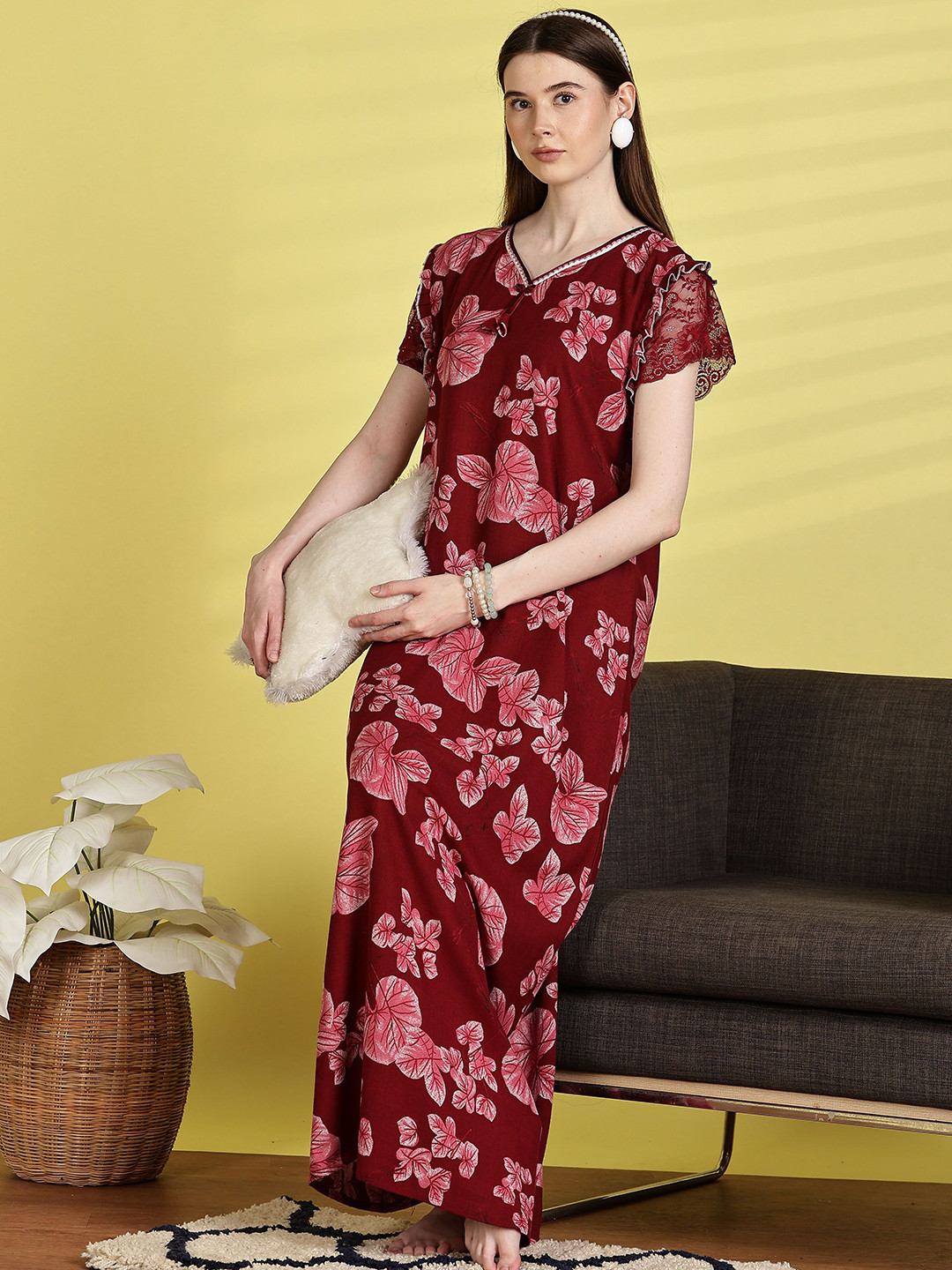 9shines Label V Neck Printed Nightdress with Sleeves