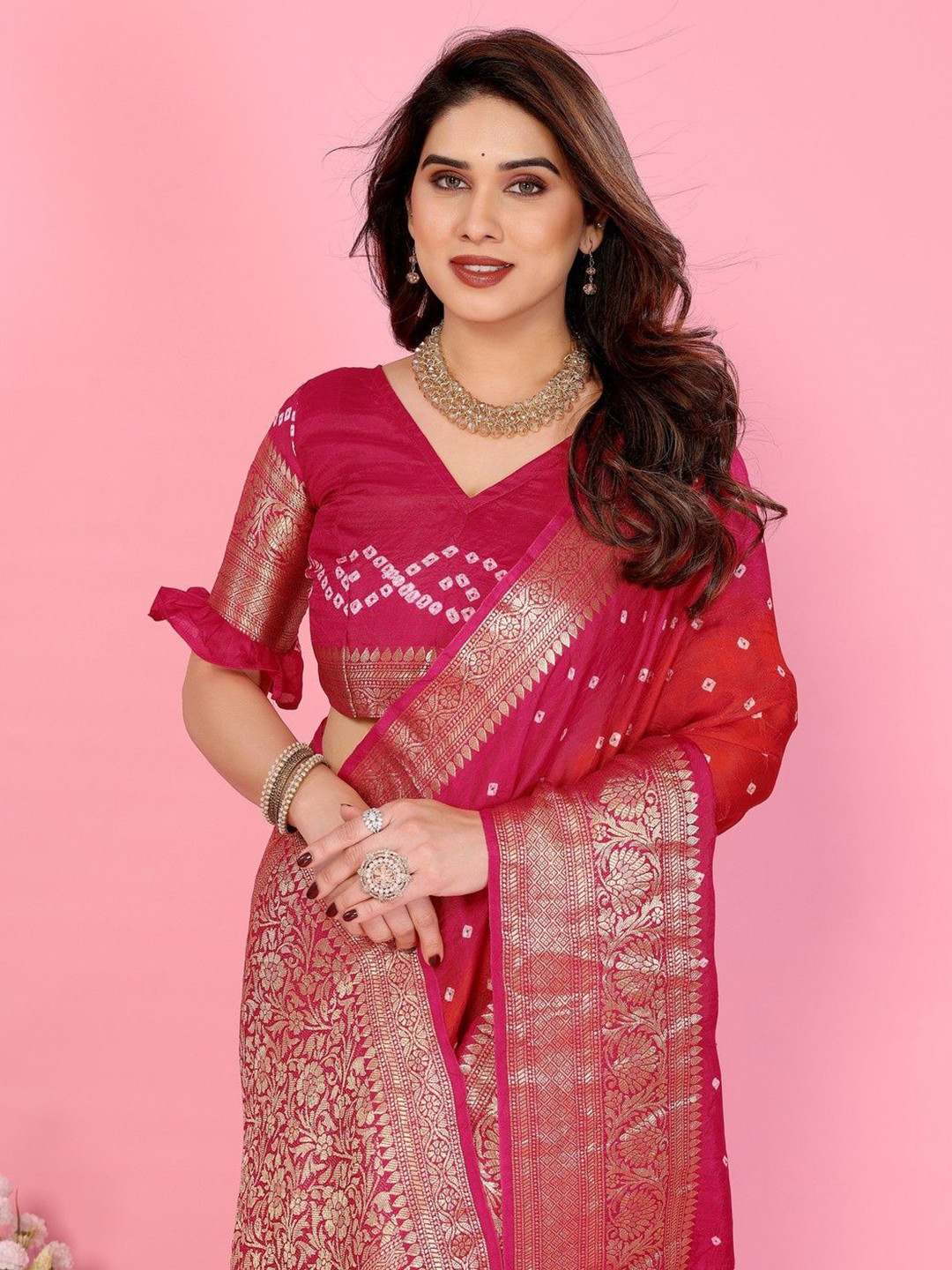 Bandhanivilla Bandhani Woven Design Zari Art Silk Bandhani Saree