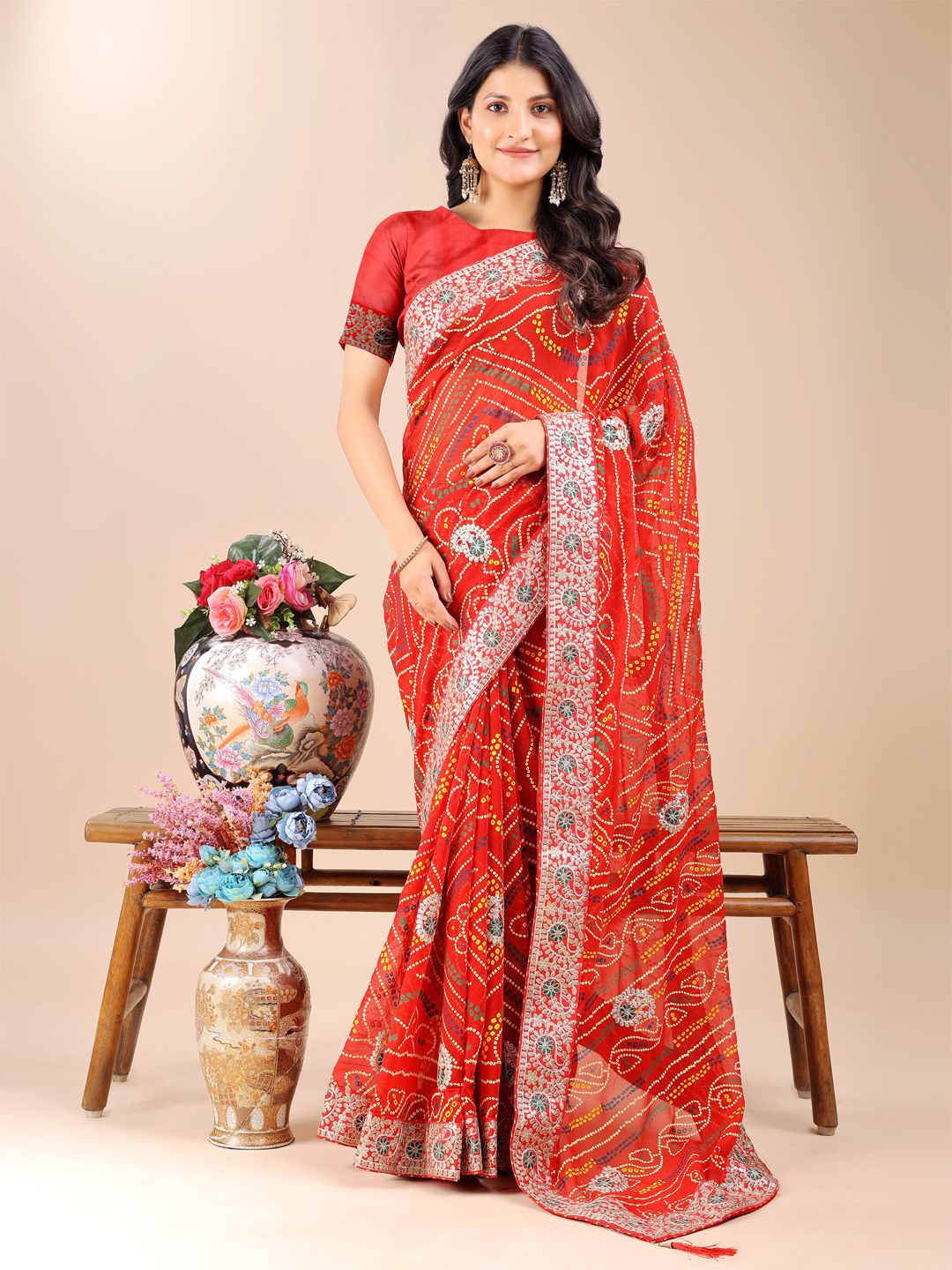 Kalista Gotta Patti Border Pure Chiffon Bandhani Saree With Unstitched Blouse Piece