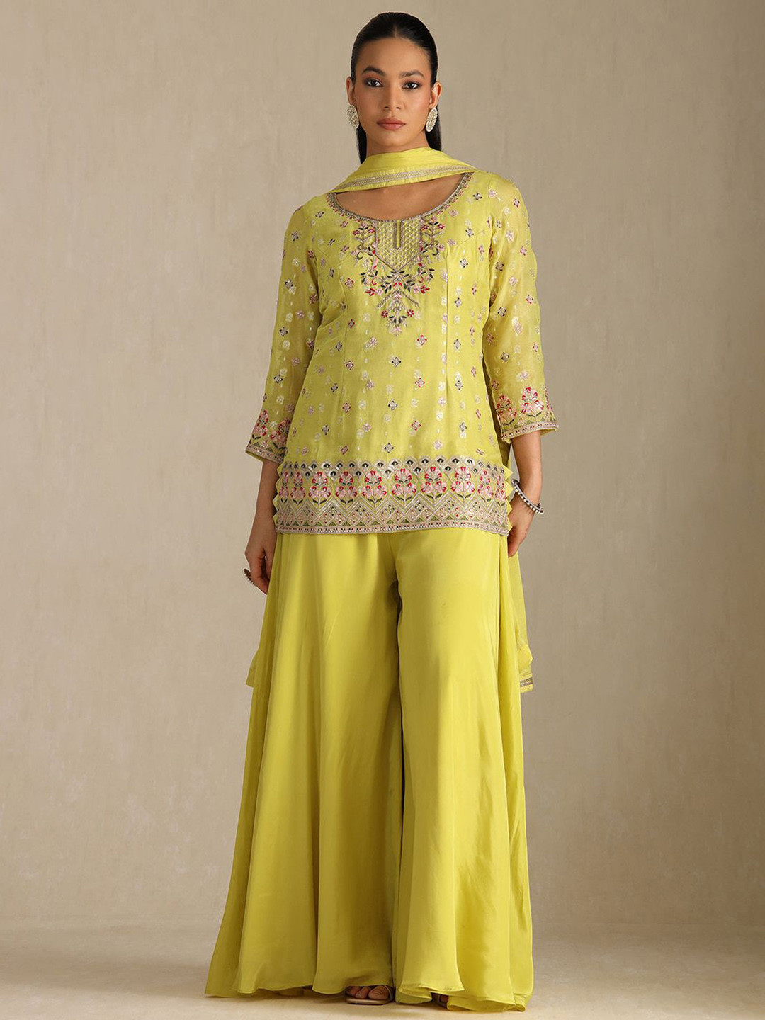 Soch Floral Embroidered Round Neck Sequinned Straight Tissue Kurti With Palazzos & Dupatta