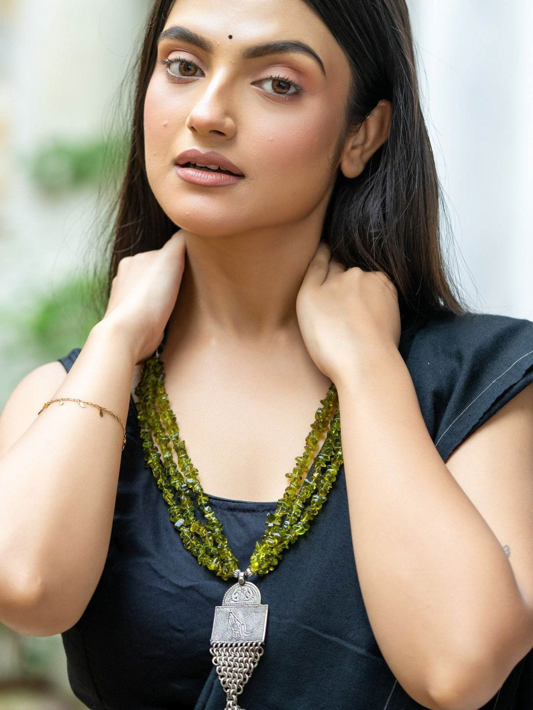 Look and Adorn Semi-Precious Stone Tribal Pendant Necklace Set with Earrings