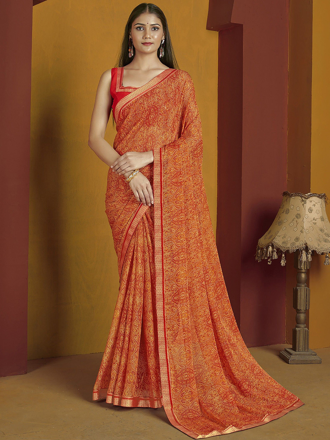 LeeliPeeri Designer Chiffon Printed and Lace Work Saree With Unstitched Blouse Piece