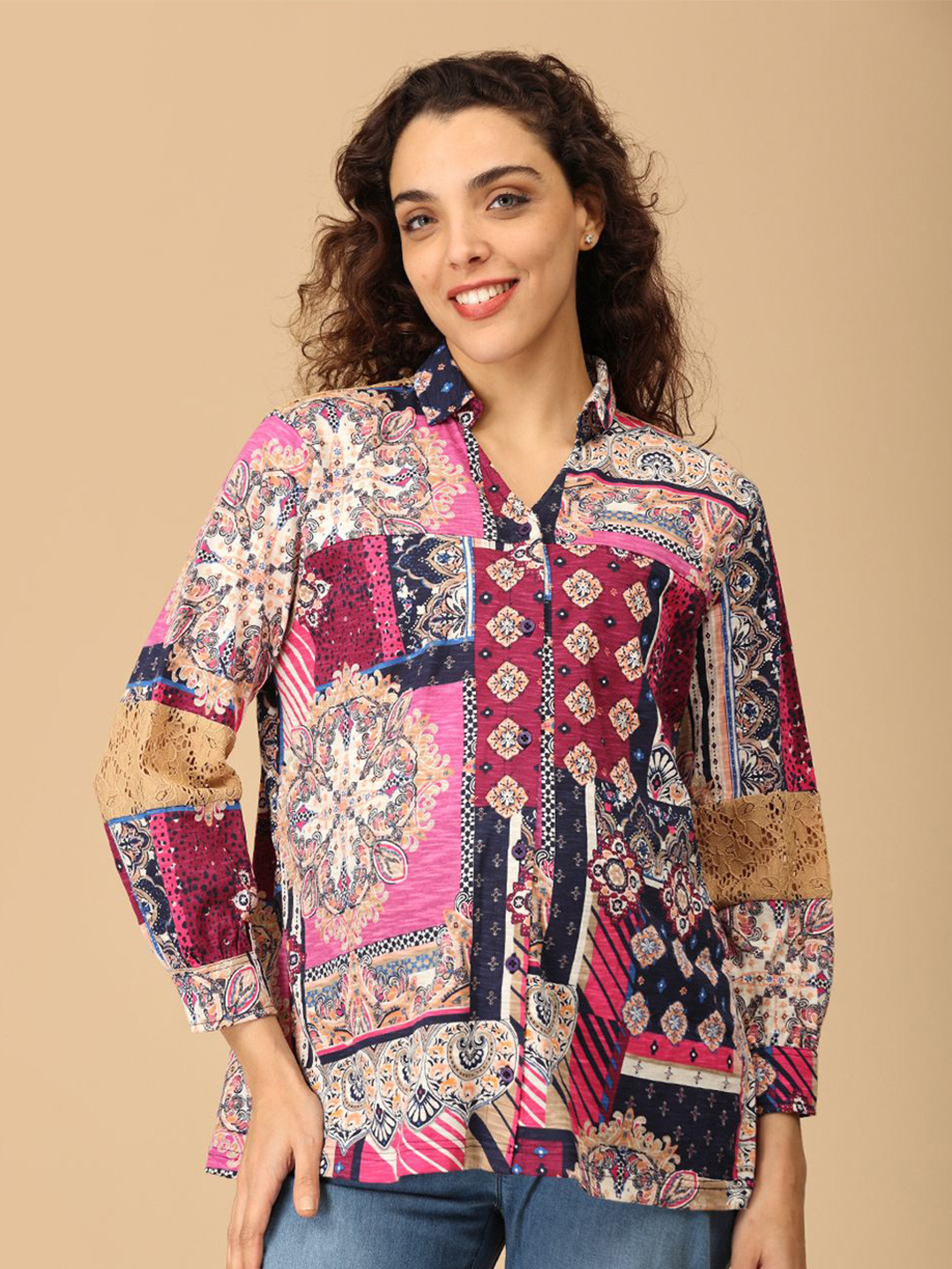 The Mom Store Bold Spectrum Women Ethnic Motifs Printed Cotton Shirt Style Top