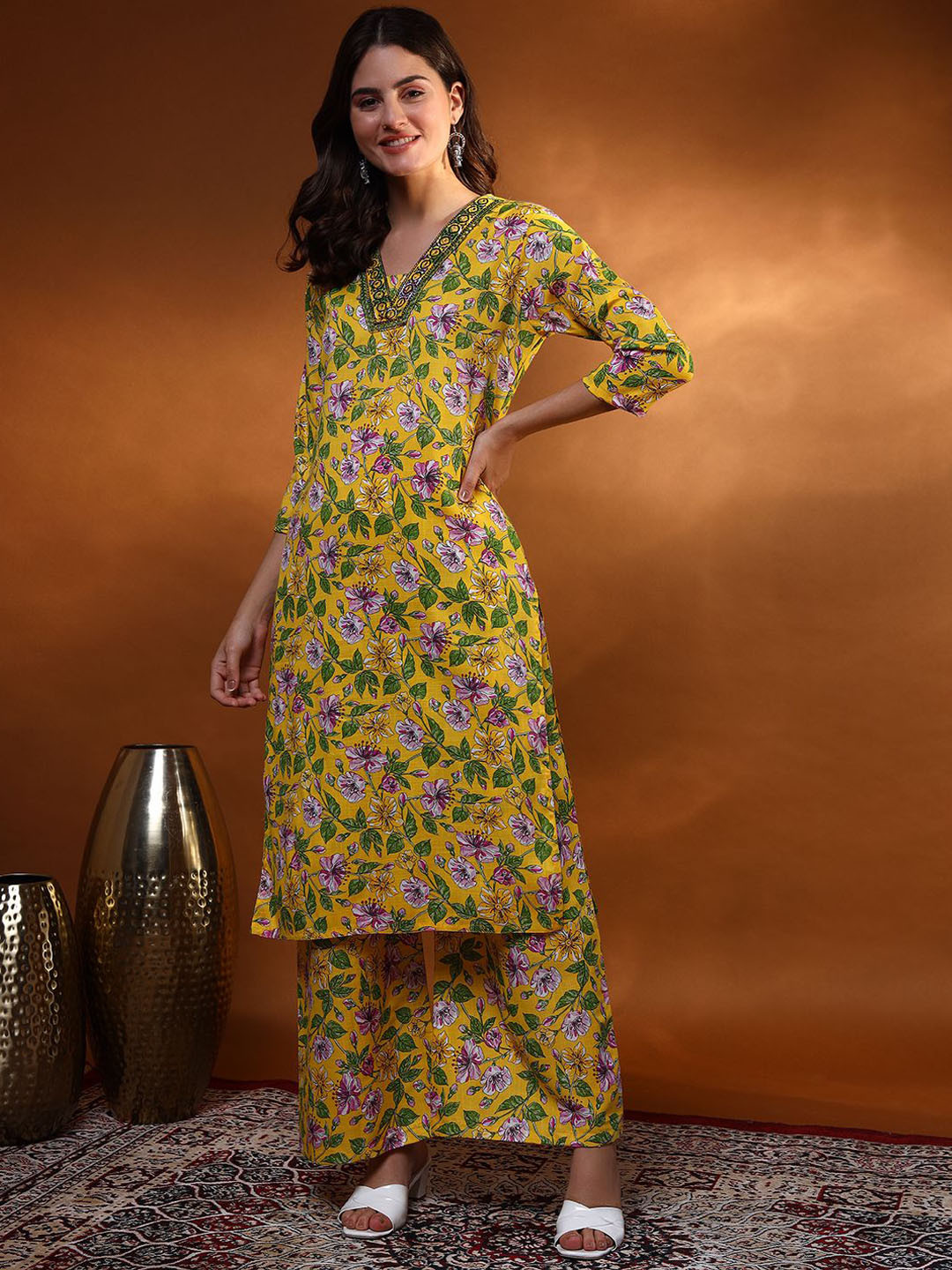 DIZON Floral Printed V-Neck Straight Kurta With Palazzos