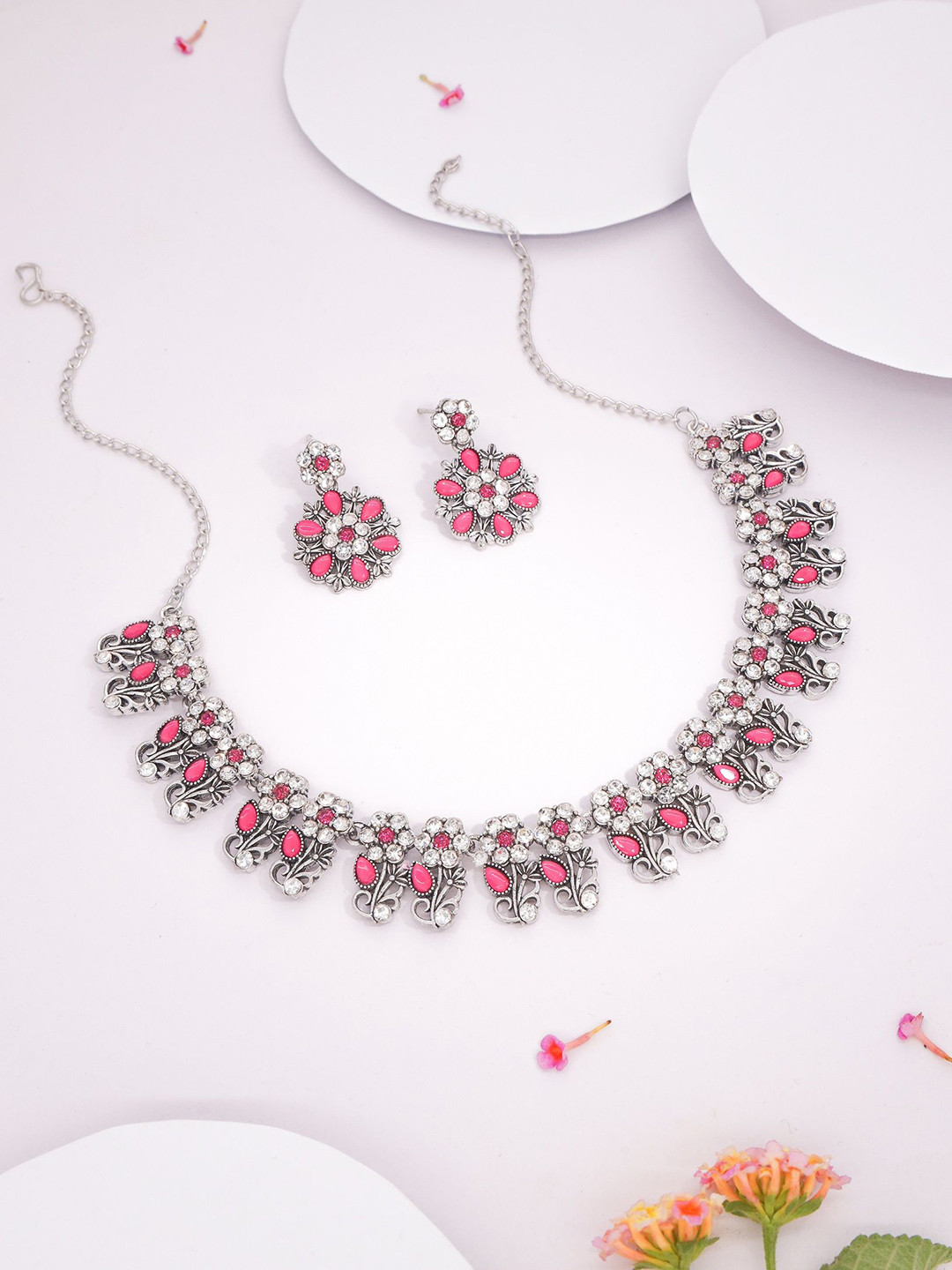 DIVASTRI Stone Studded Intricate Floral Jewellery Set