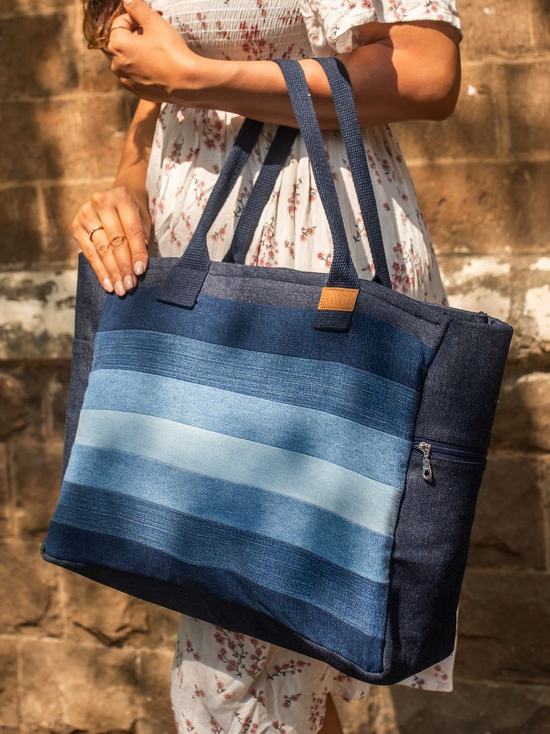 DWIJ Women Repurposed Denim Shaded Laptop Tote