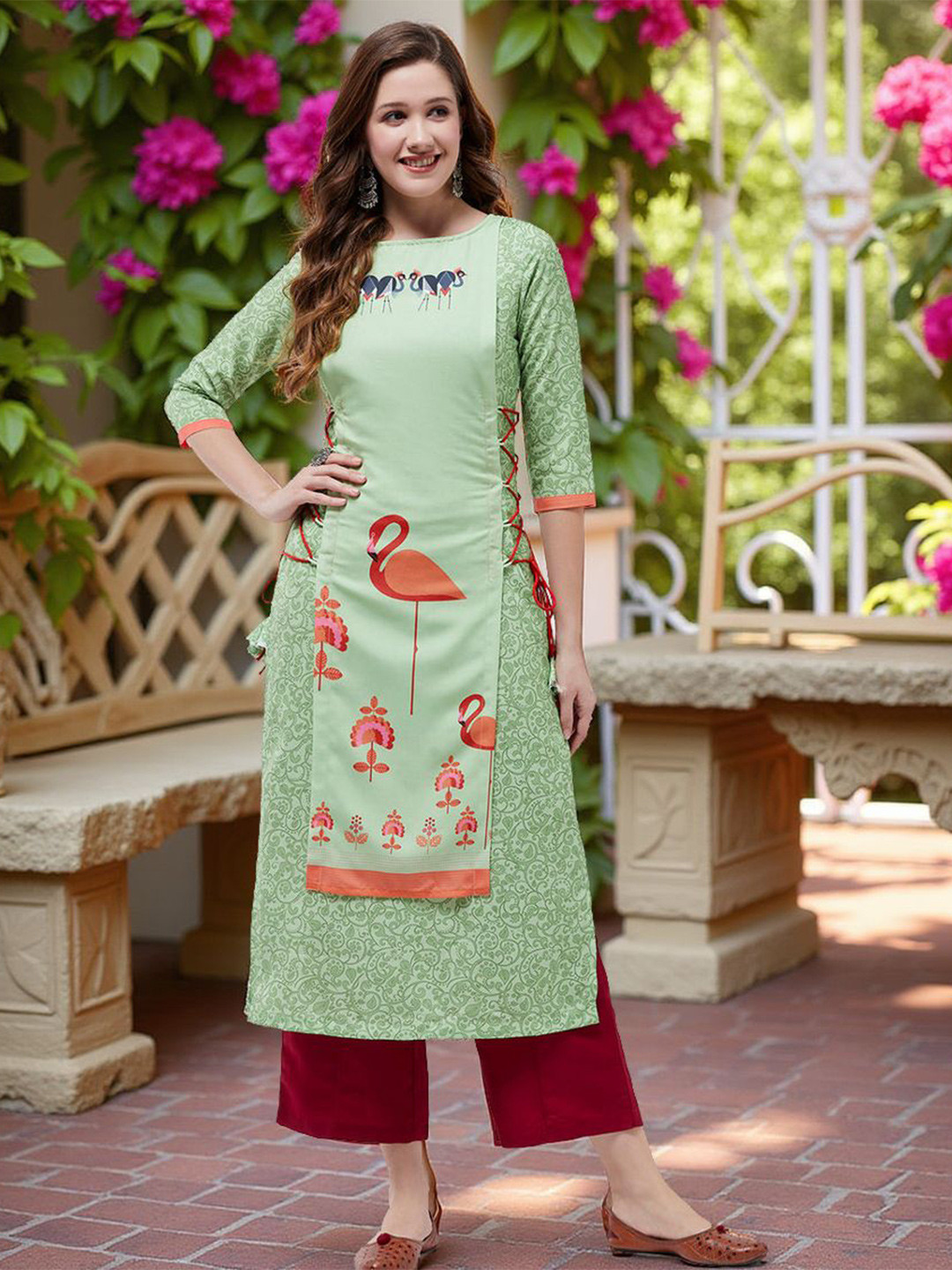 Pannkh Flamingo Printed Side Dori Straight Kurta