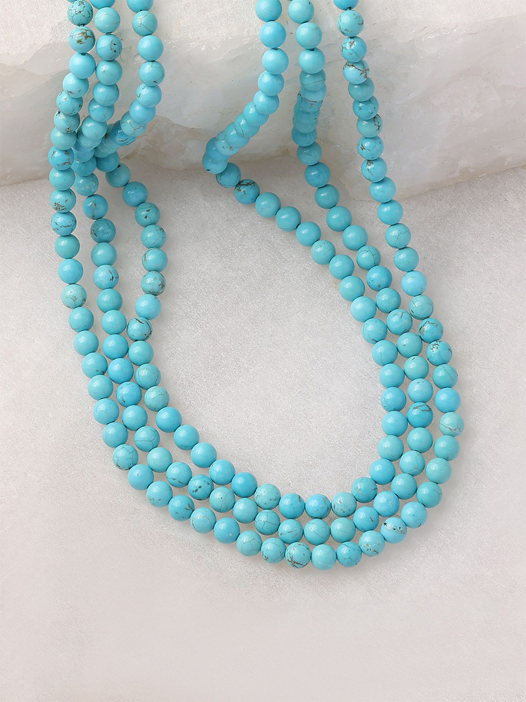 Ornate Jewels Women 925 Silver 18K Gold Plated Turquoise Three Layer Beads Necklace