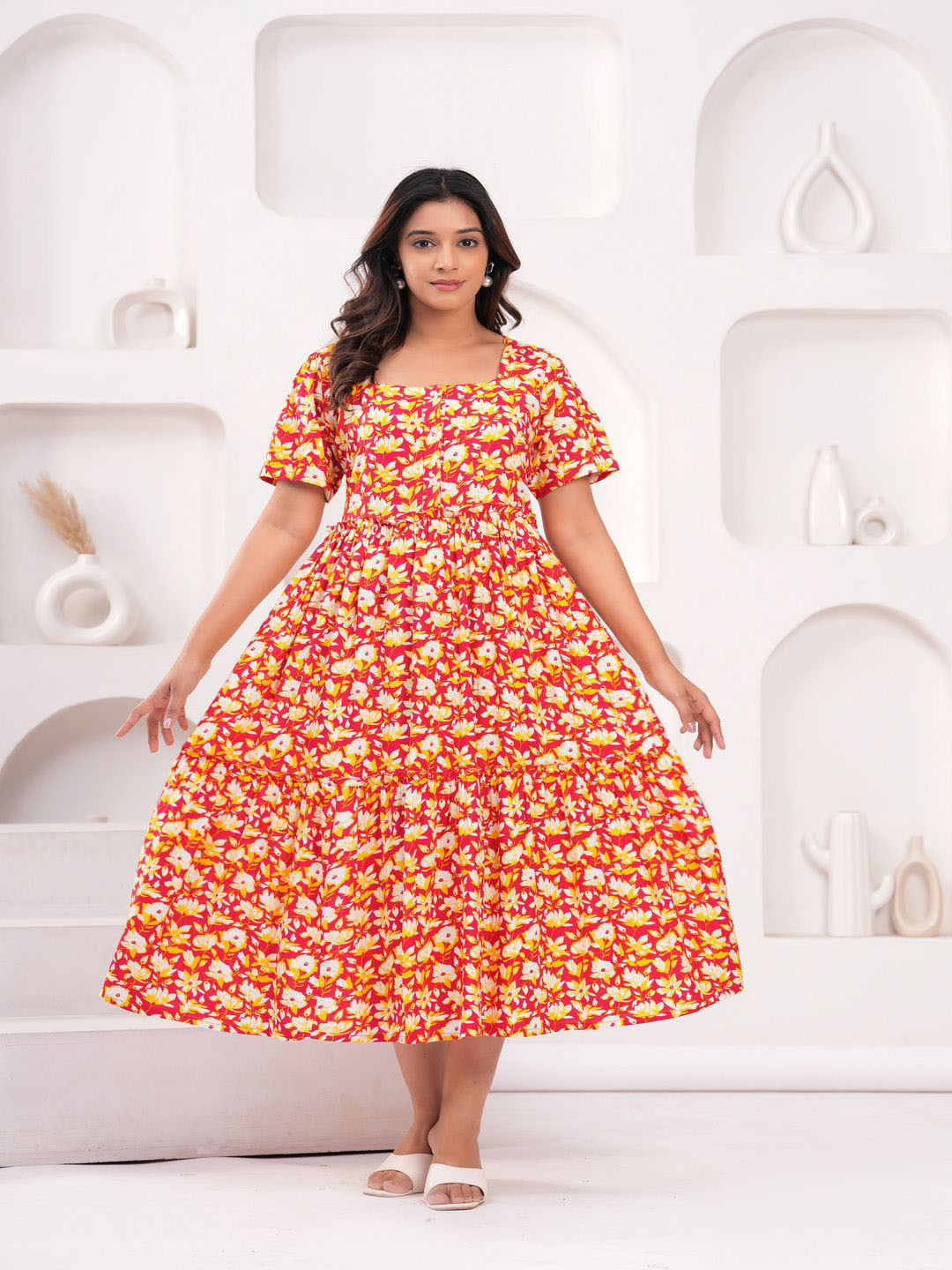 Muhana Women Floral Printed Square Neck Fit and Flare Midi Dress