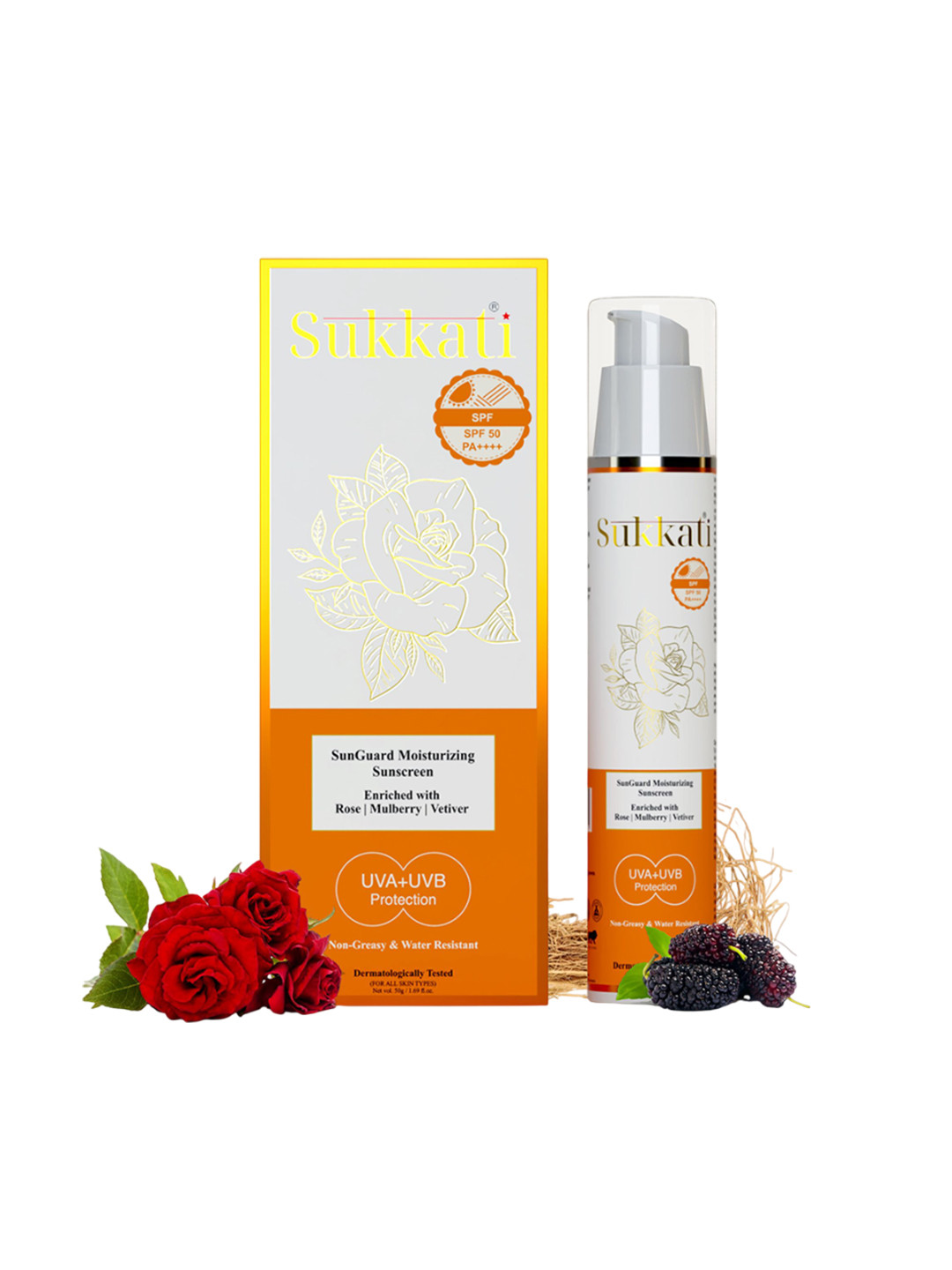 Sukkati Sunguard Moisturizing Sunscreen SPF 50 PA++++ With Rose & Mulberry - 50 g