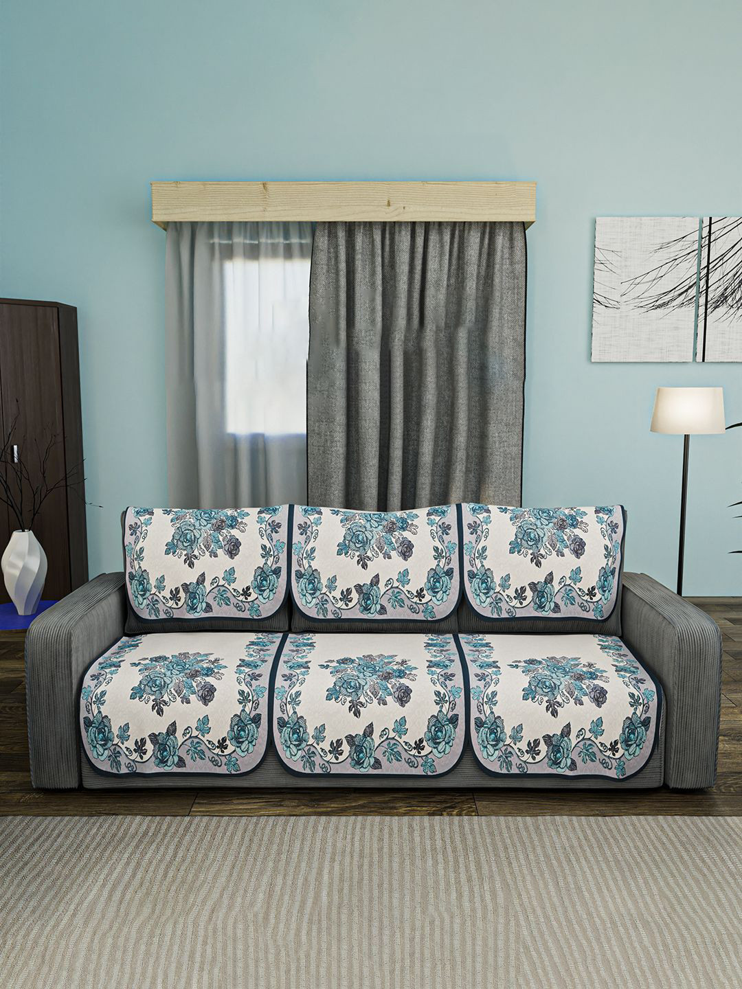 Kuber Industries Blue & White 6 Pieces Floral Printed 3 Seater Cotton Sofa Covers
