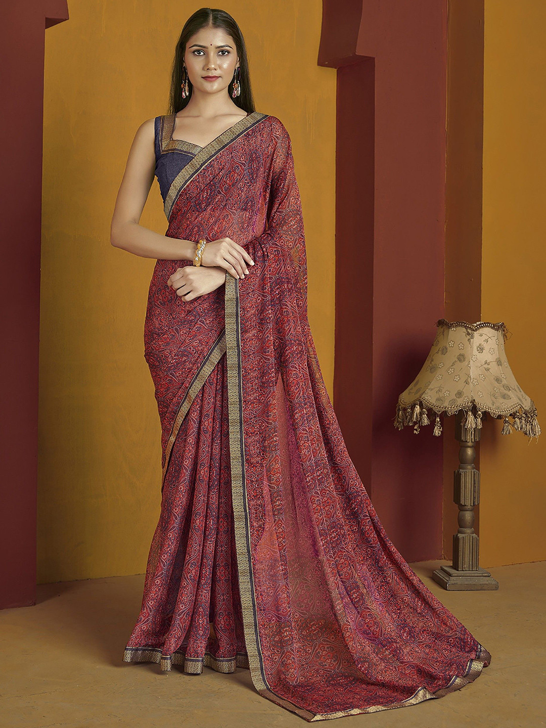 LeeliPeeri Designer Chiffon Printed & Lace Work Saree With Unstitched Blouse Piece