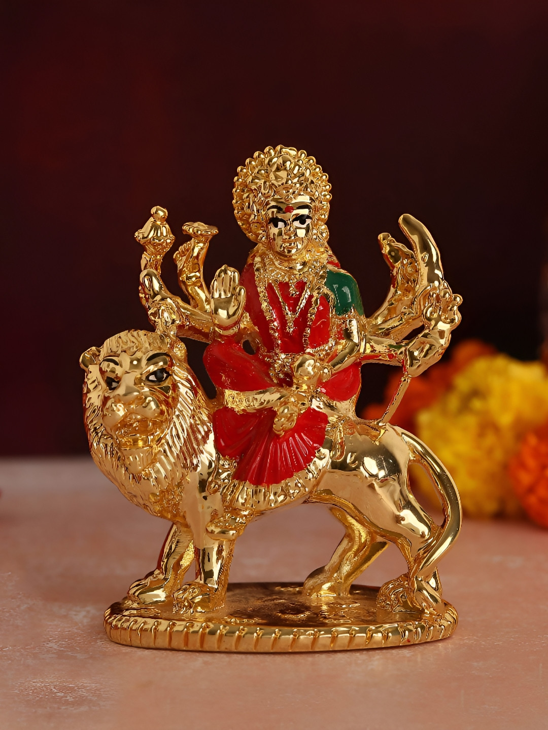 HOUSE OF WEMY Maa Durga Red Polyresin Natural Prayer Room Small Showpiece -