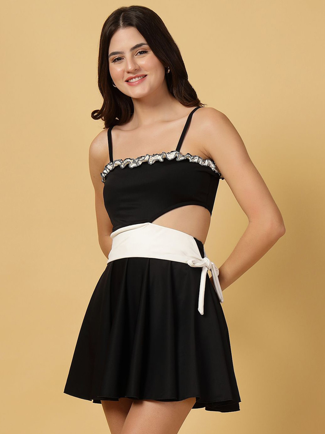 CUKOO Shoulder Strap Neck Frill Detail Swimming Dress