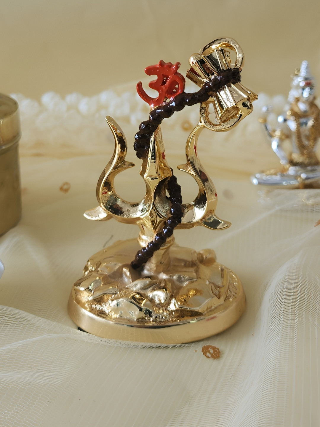 HOUSE OF WEMY Trishul with Damru Gold Polyresin Matte Prayer Room Small Showpiece -