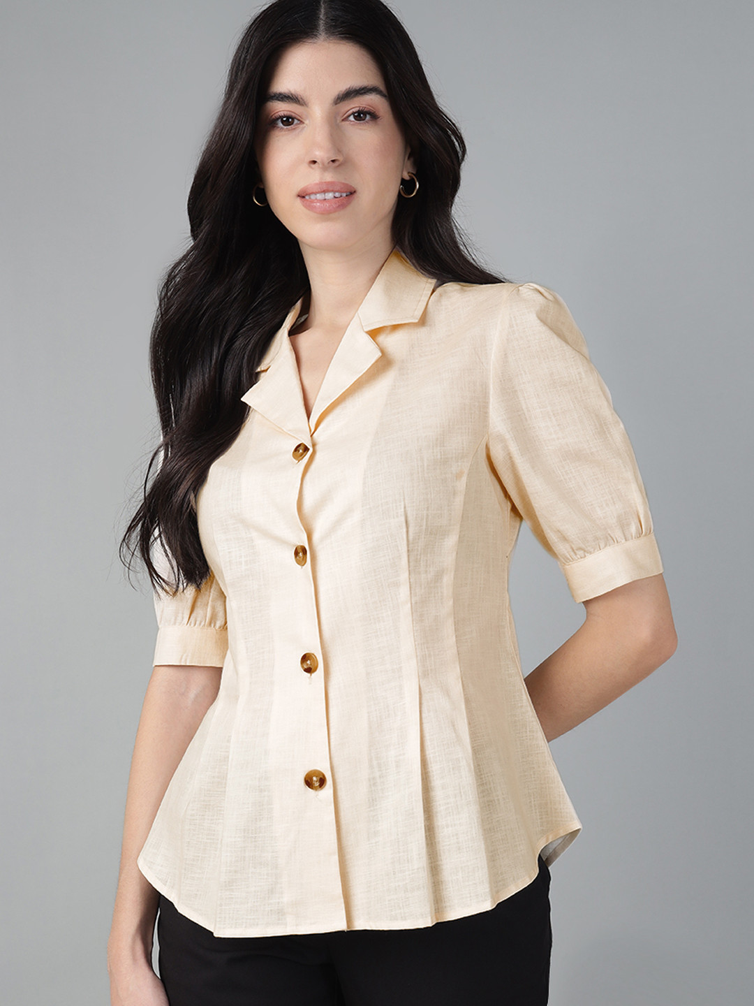 Hancock Women Solid Pure Cotton Pleated Classic Formal Shirt