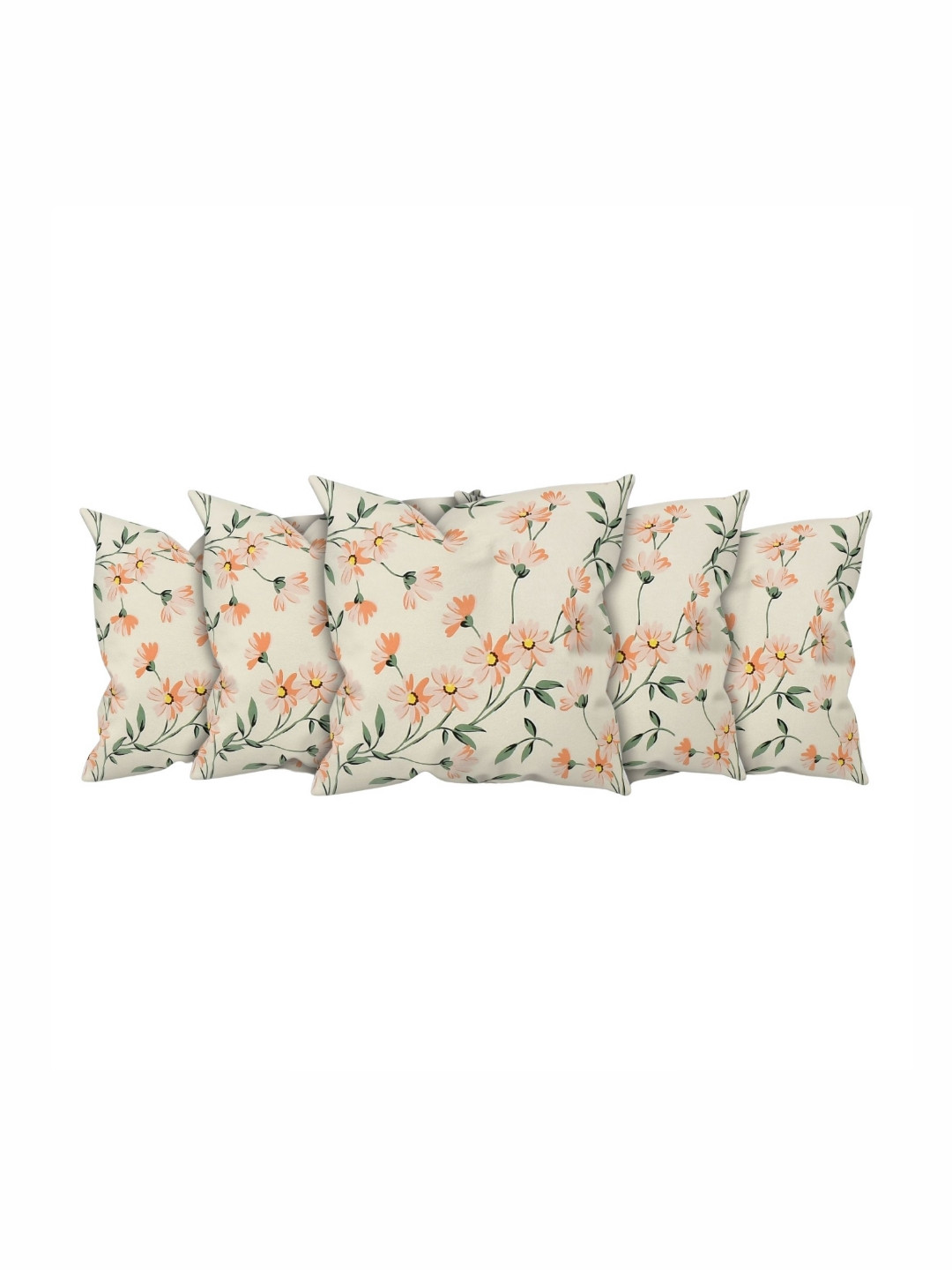 Florida Peach & Cream 5 Pieces Floral Printed Pure Cotton Square Cushion Covers