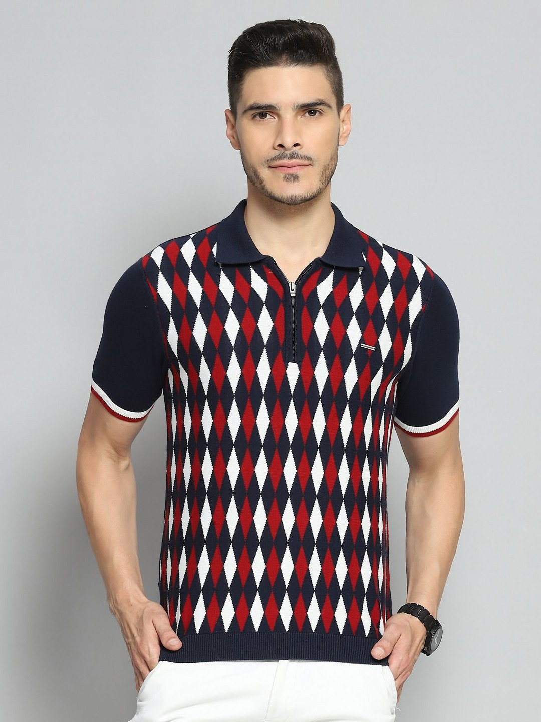 Cloak & Decker Geometric Self Design Polo Collar Pockets Cotton T-shirt