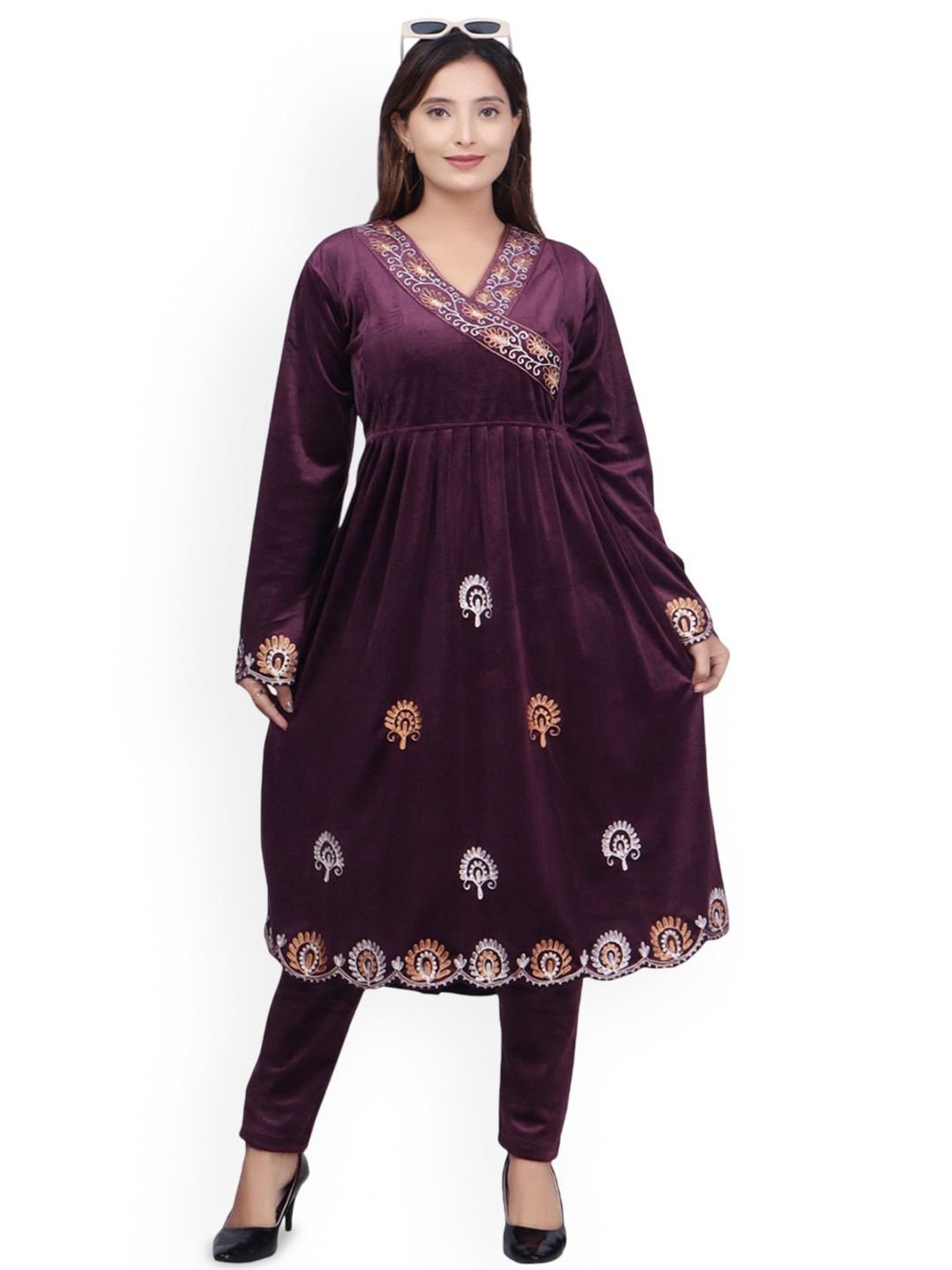 WOOL 4U Floral Embroidered Thread Work Velvet Angrakha Kurta with Trousers