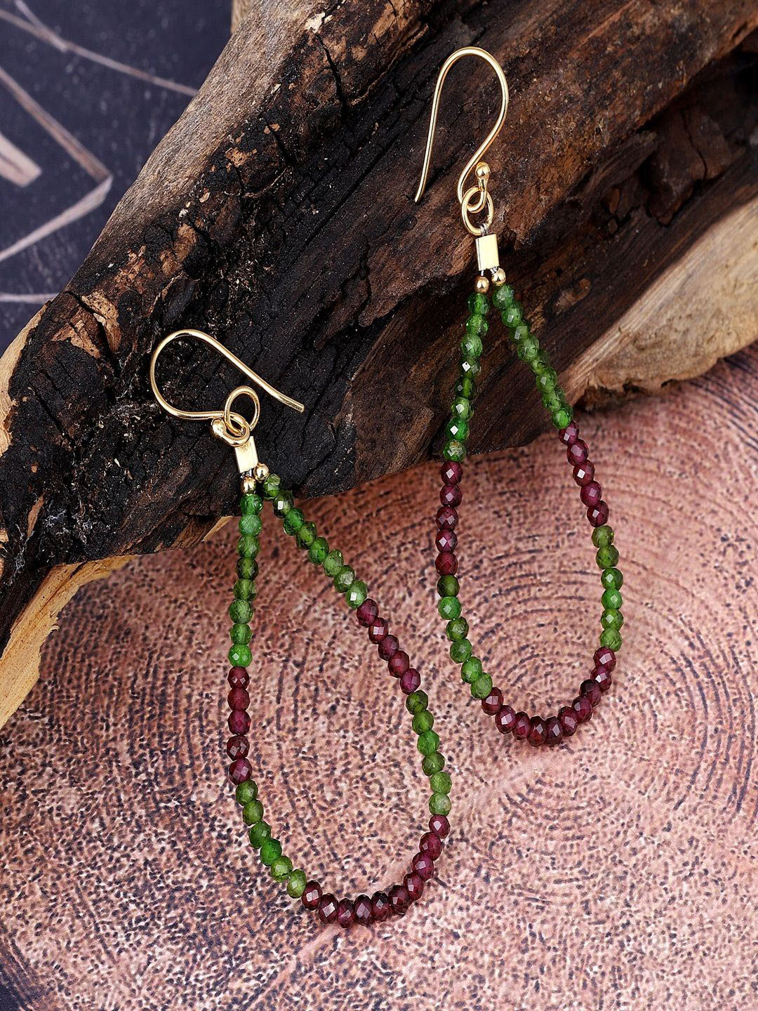 Nirvana Sterling Silver Gold Plated Garnet Beaded Oval Shaped Drop Earrings