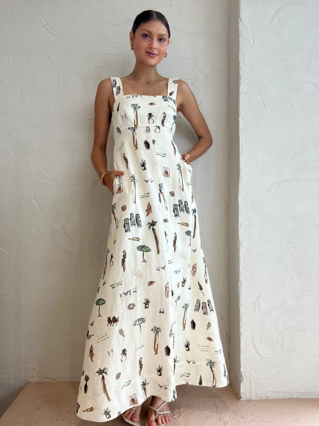 Routes by All About You Women Conversational Print Square Neck Linen Maxi Dress
