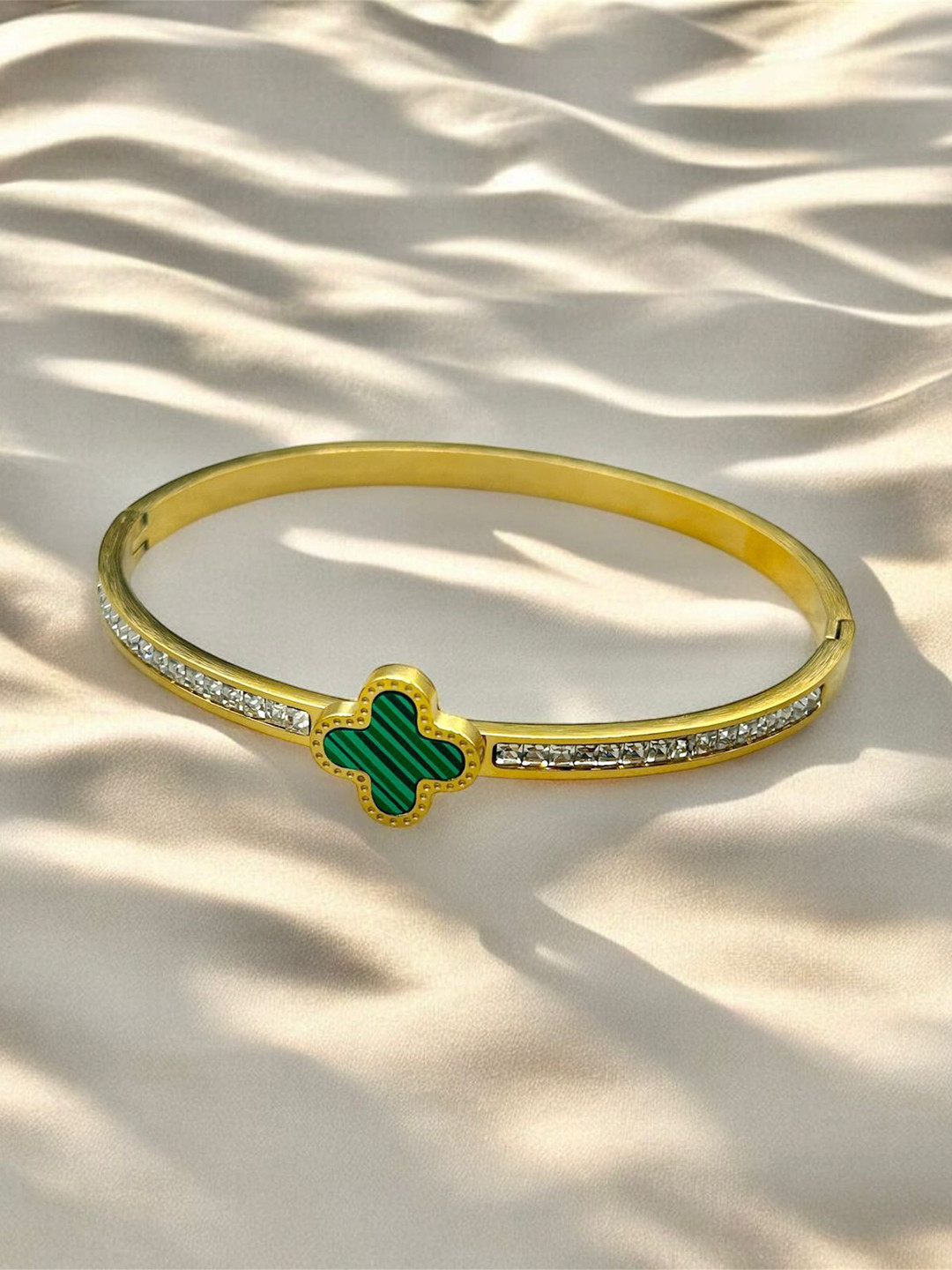 ELEGANCE Stainless Steel Gold-Plated Artificial Stones Studded Clover Cuff Bracelet