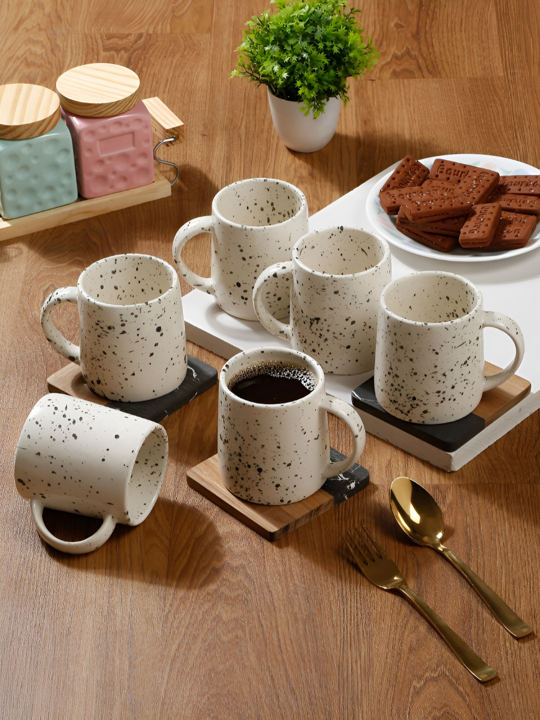 Myntra Elegant Homes The Wishing Chair Cream Textured Ceramic Microwave Safe 6 Piece Mugs-300ml