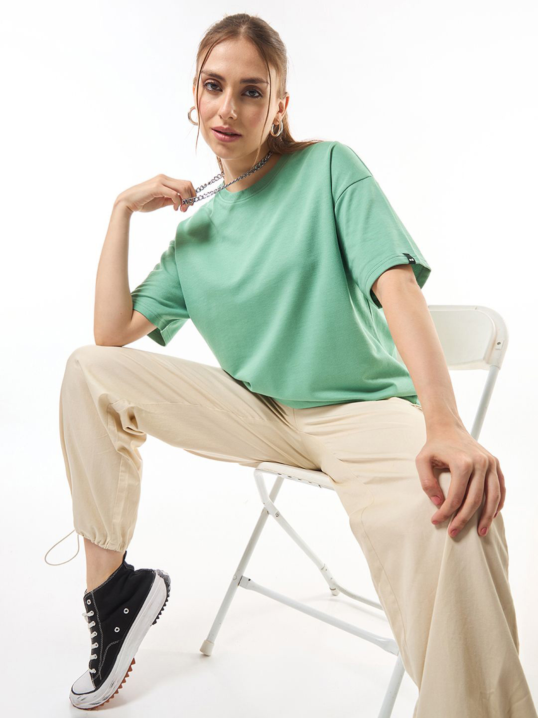 Bewakoof Heavy Duty 1.0 Women Granite Green Oversized T-shirt