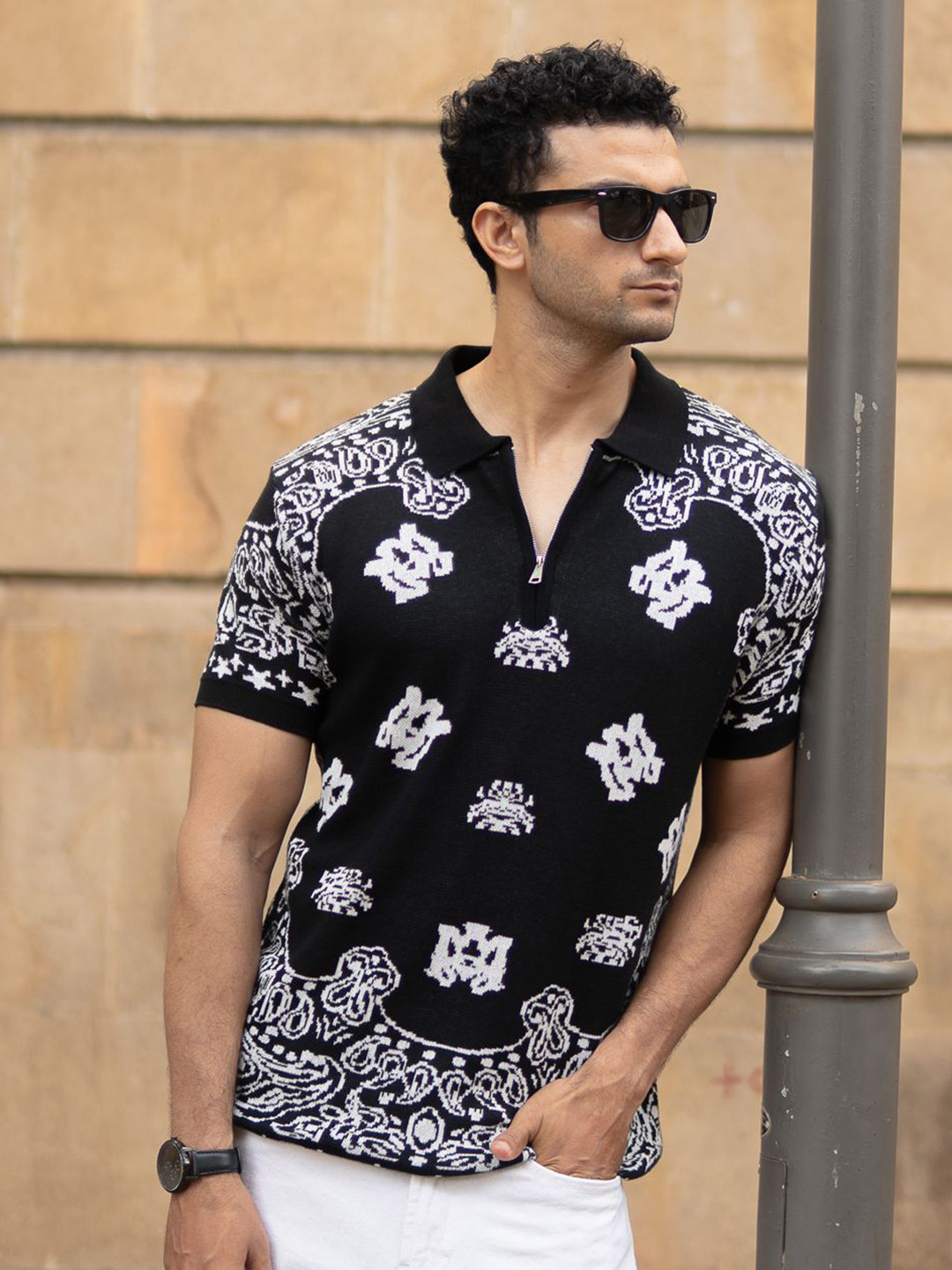 Powerlook SS25 Paisley Printed Bandana Knitted Polo Collar Pure Cotton T-Shirt