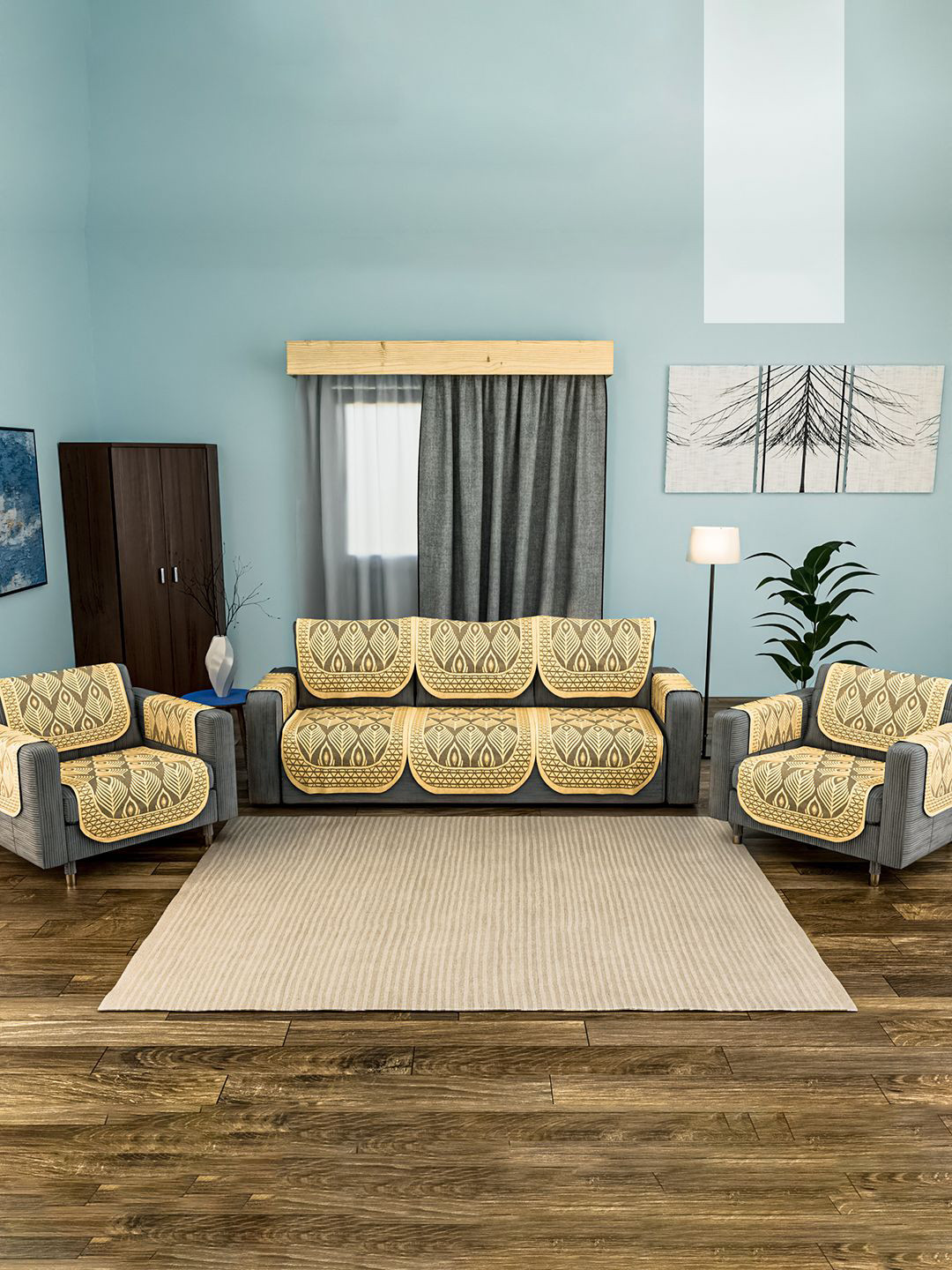 Kuber Industries Set of 16 Net Cotton Sofa Covers 5 Seater with Arms Pankh Design