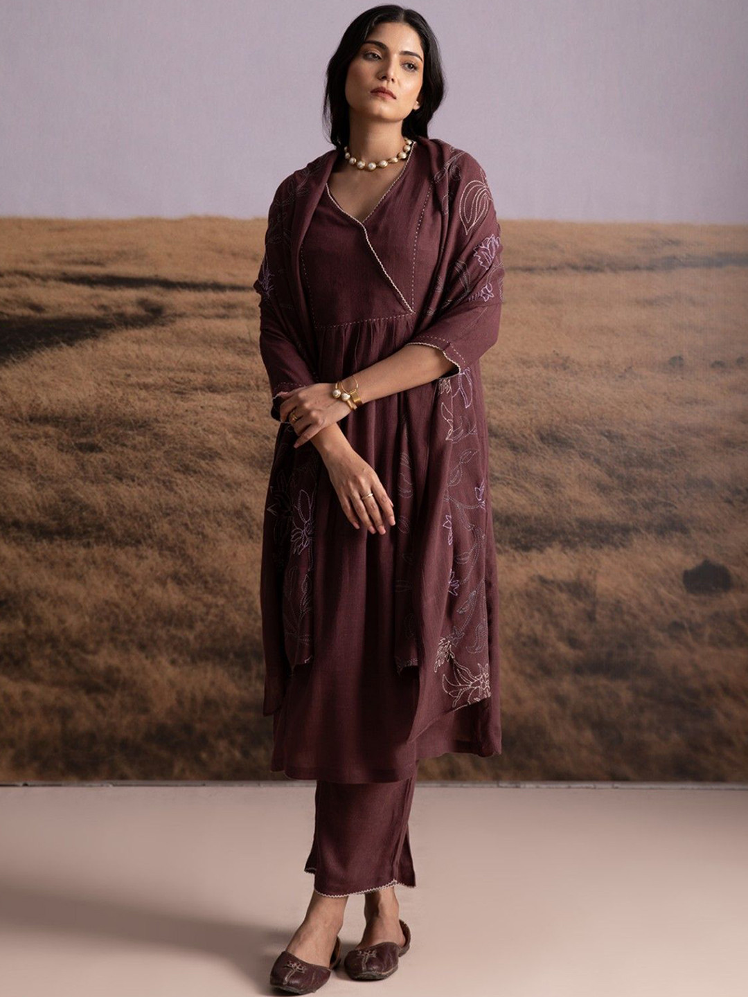 Bombay Bloom V-Neck Angrakha Linen A-Line Kurta With Trousers & Dupatta