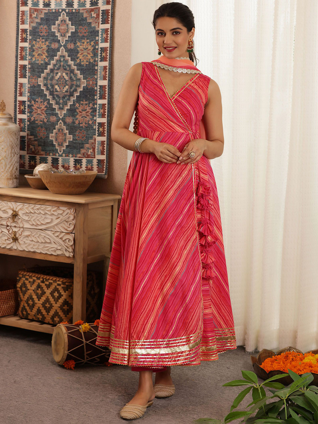 SAJILO Leheriya Printed Pure Cotton V-Neck Angrakha Kurta With Trousers & Dupatta