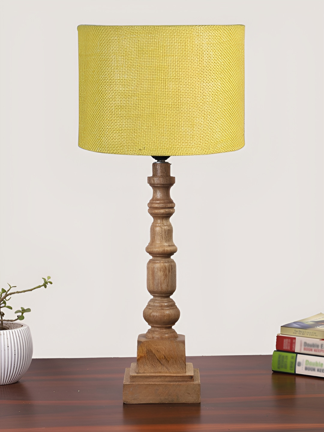 Devansh Yellow Drum Shaped Wooden Table Lamp