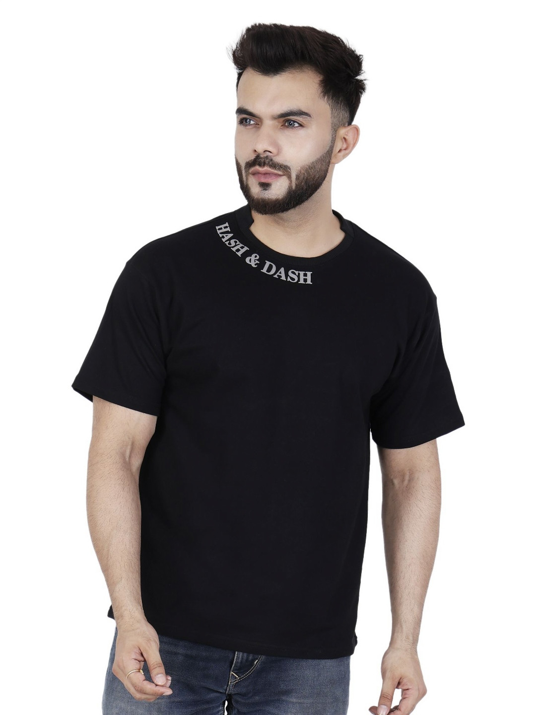Hash and Dash Men Typography Printed Drop-Shoulder Sleeves Applique T-shirt