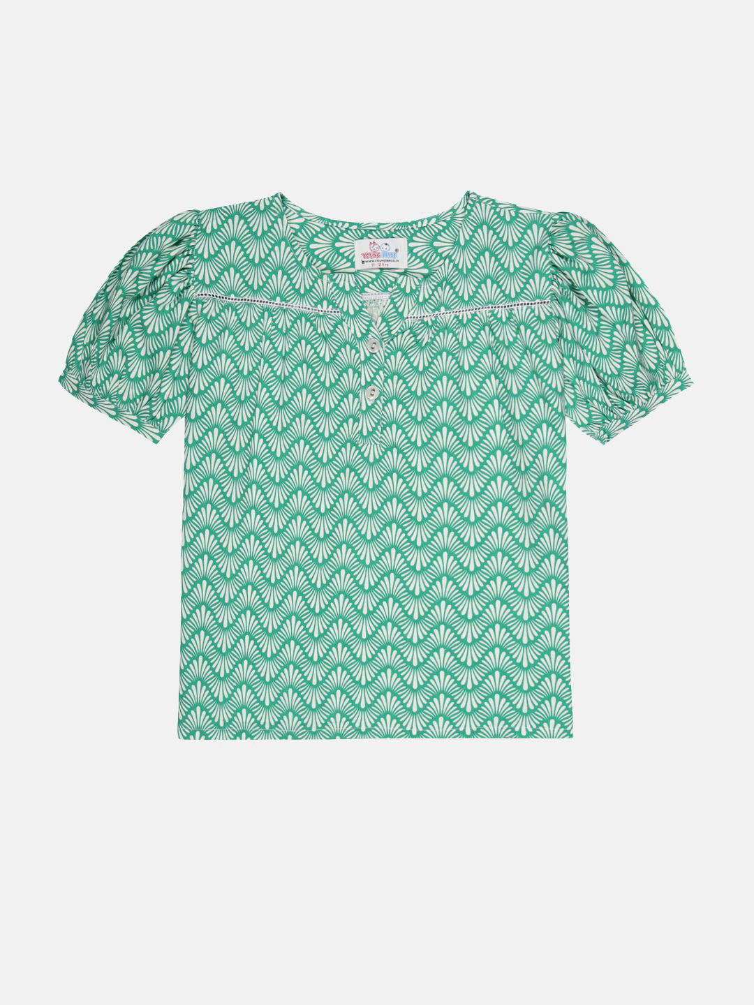 YOUNG BIRDS Geometric Print Puff Sleeve Top