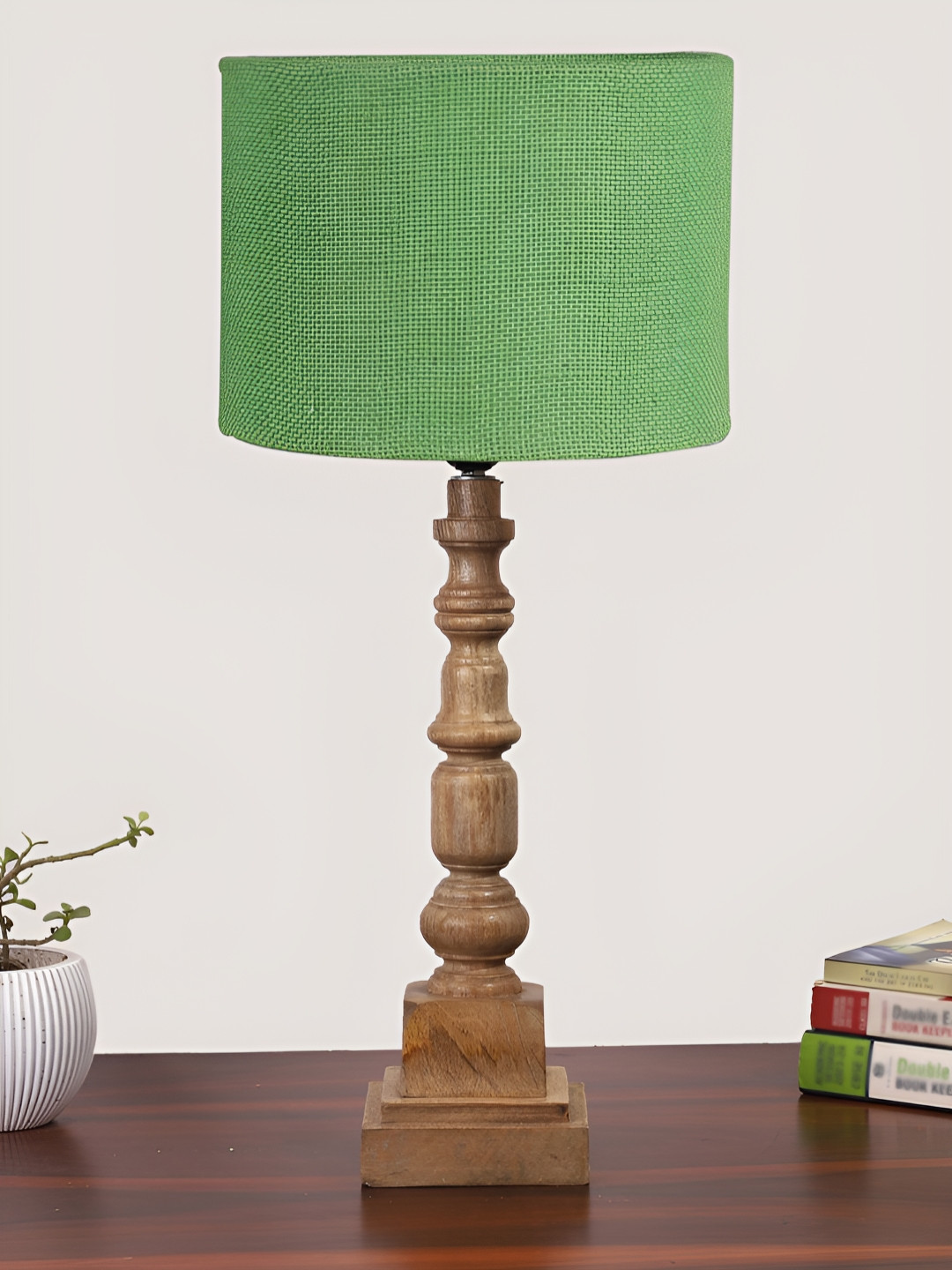 Devansh Green Drum Shaped Wooden Table Lamp