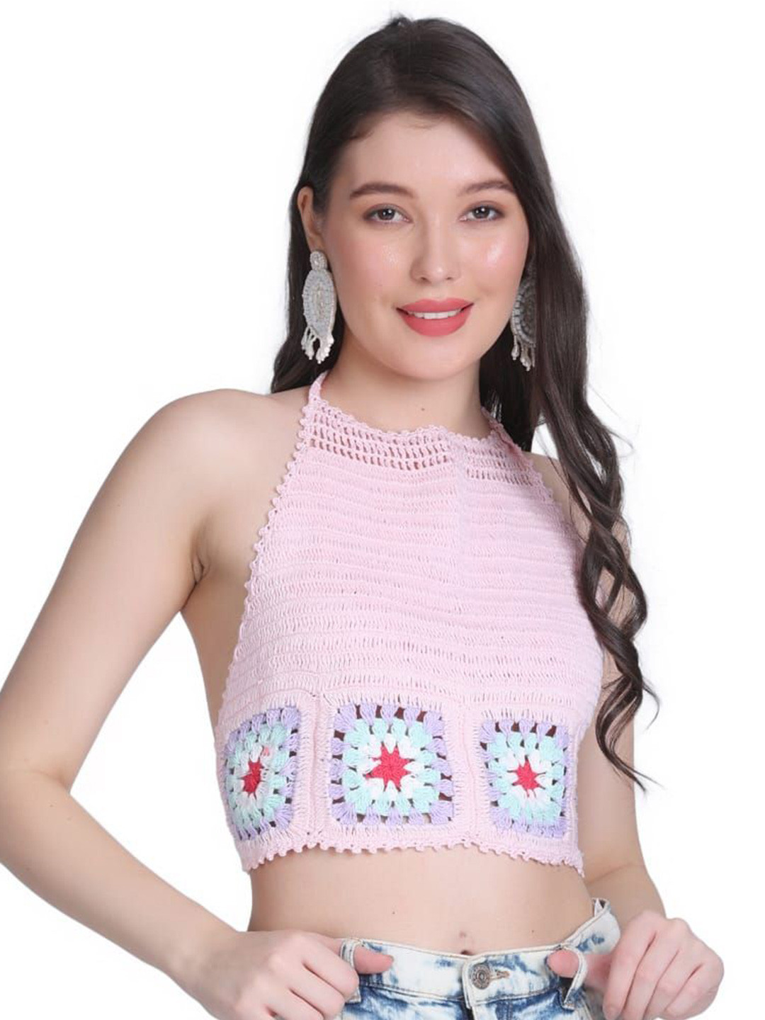 NYCRA Pink Crochet Halter Crop Top
