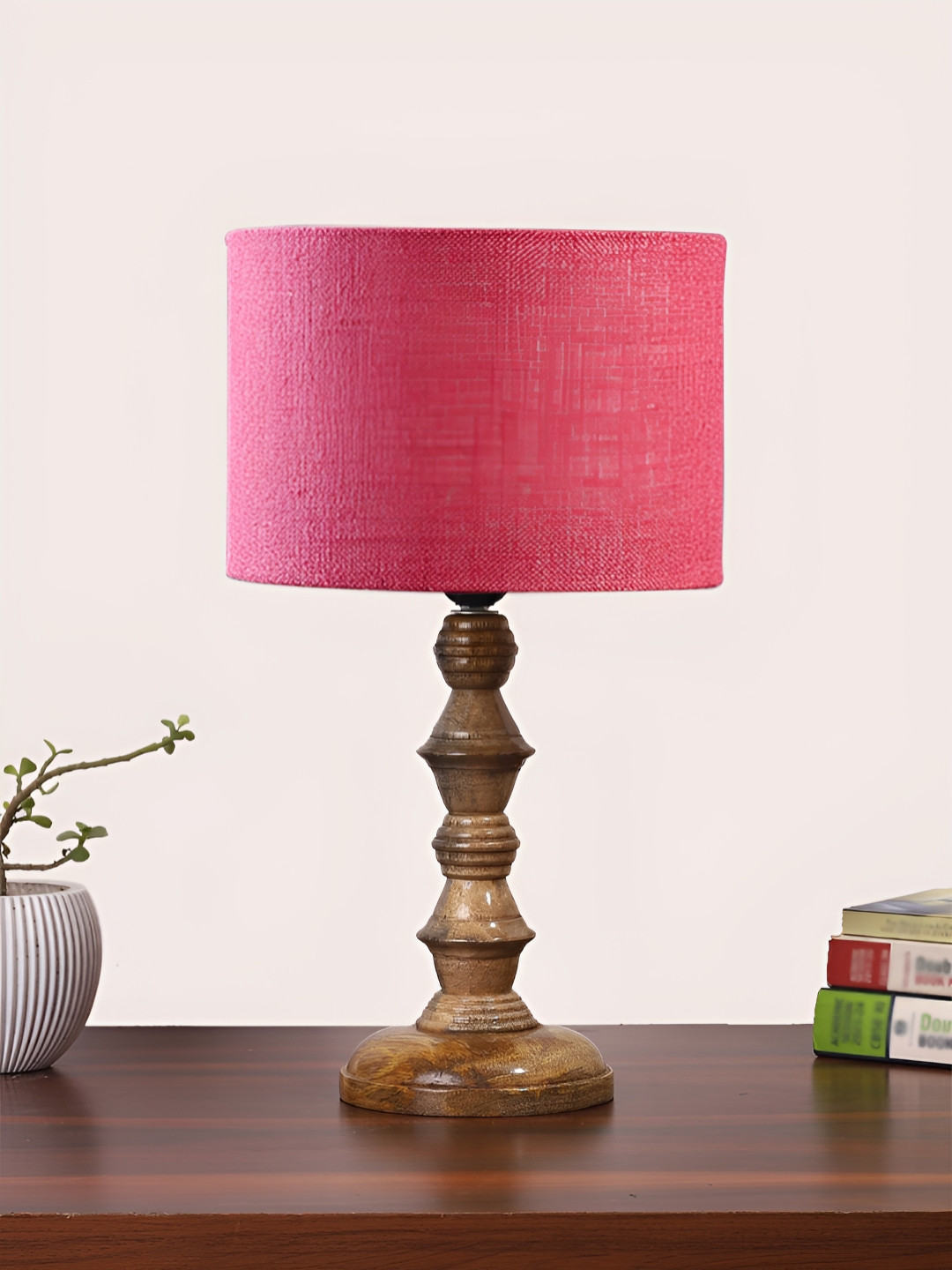 Devansh Pink Drum Shaped Wooden Table Lamp