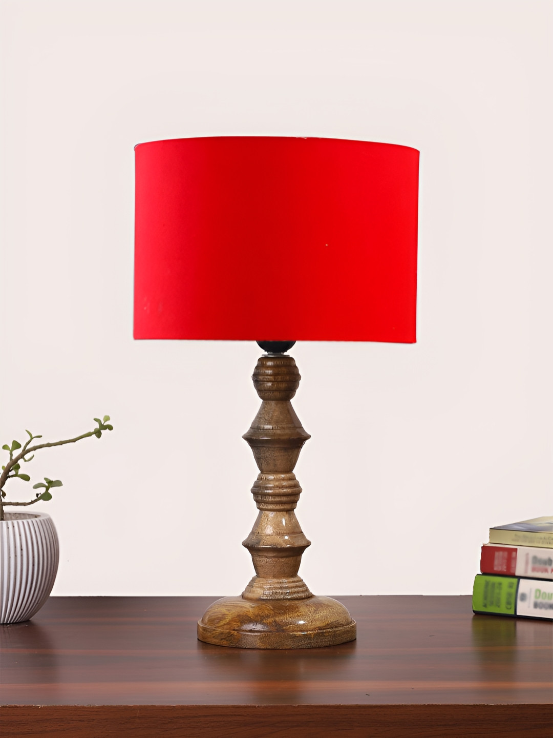 Devansh Red Drum Shaped Wooden Table Lamp