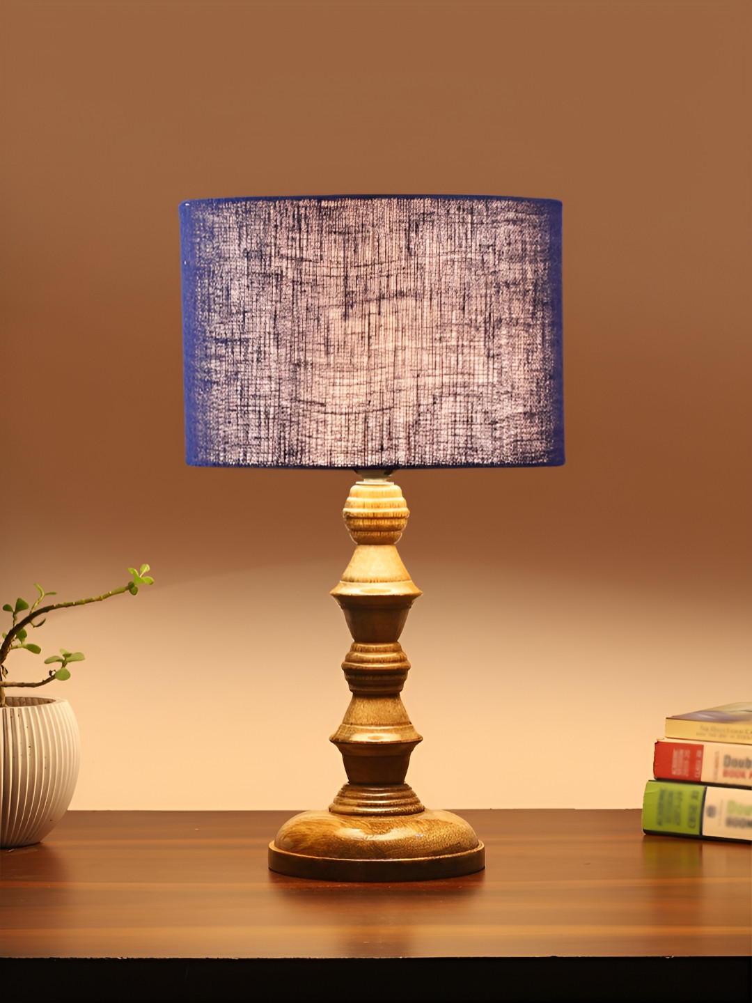 Devansh Blue Drum Shaped Wooden Table Lamp